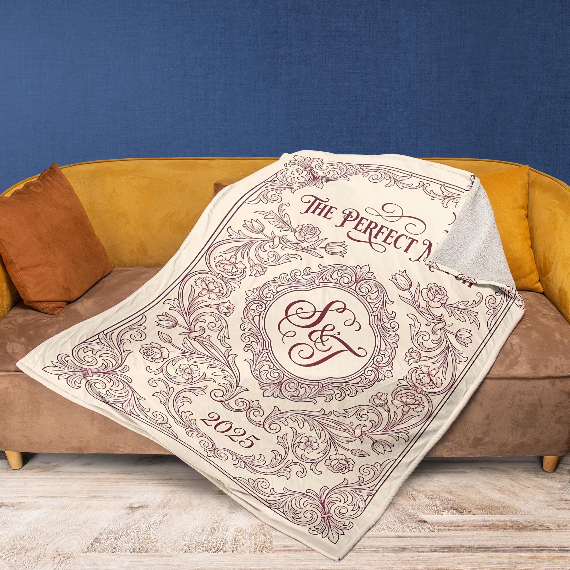 Personalized Monogram Blanket – Couple Match, Floral Scrollwork, Year Display image 2