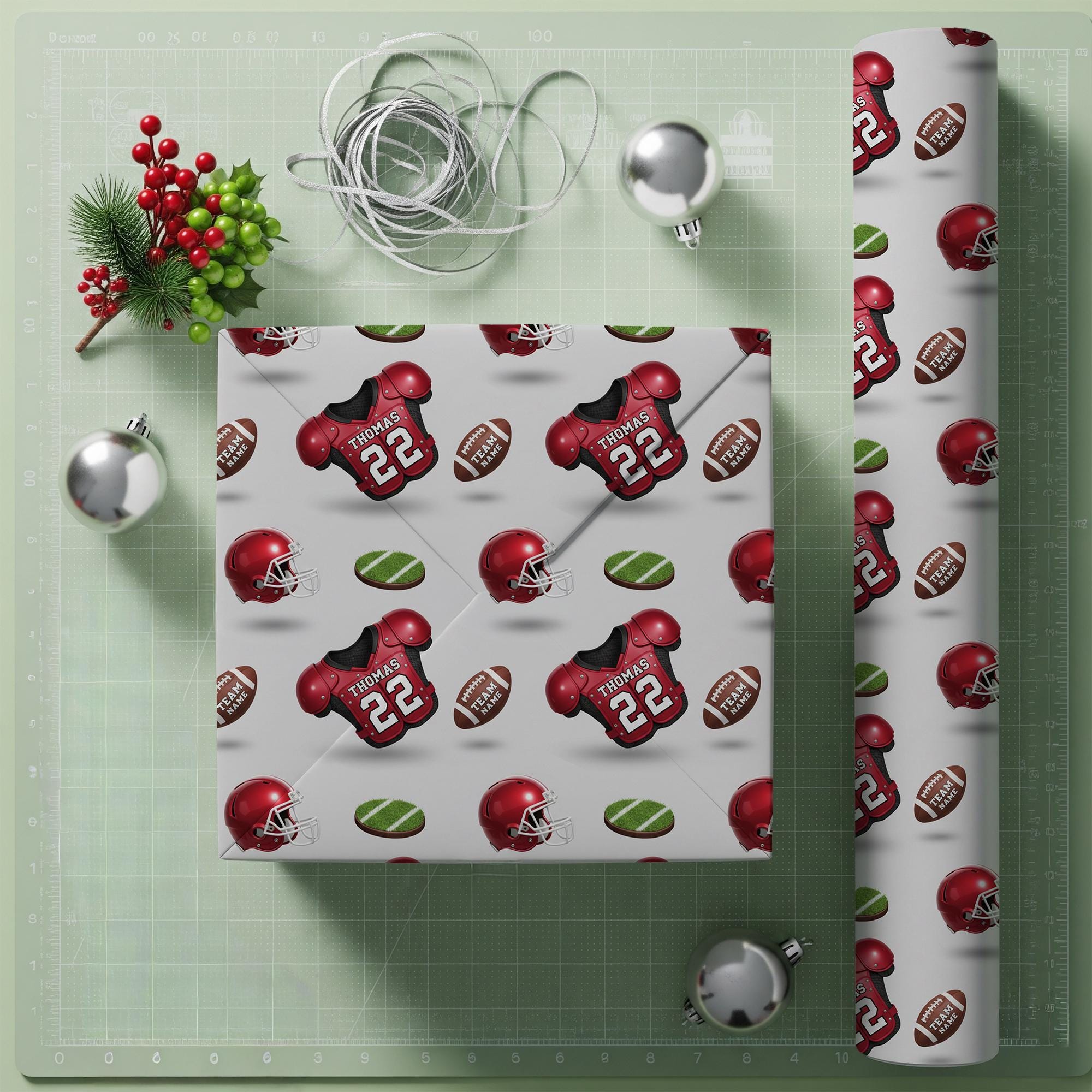 Custom Football Wrapping Paper Roll, Personalized Football Name Number, Helmet Field Pattern image 2