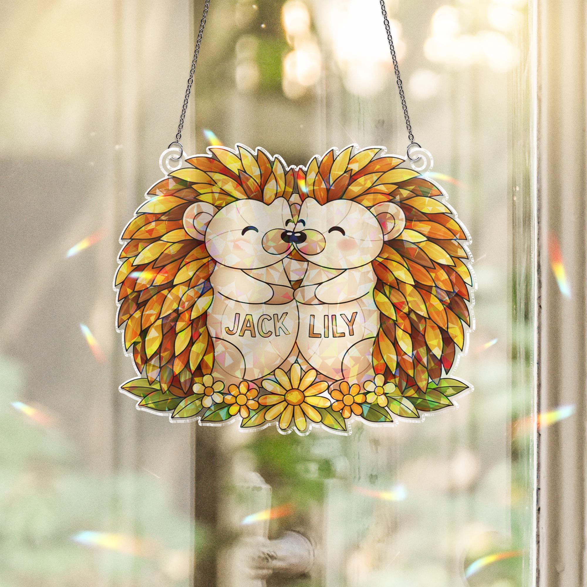 Personalized Acrylic Suncatcher – Holographic Hedgehog Couple Design, Floral Accents image 1