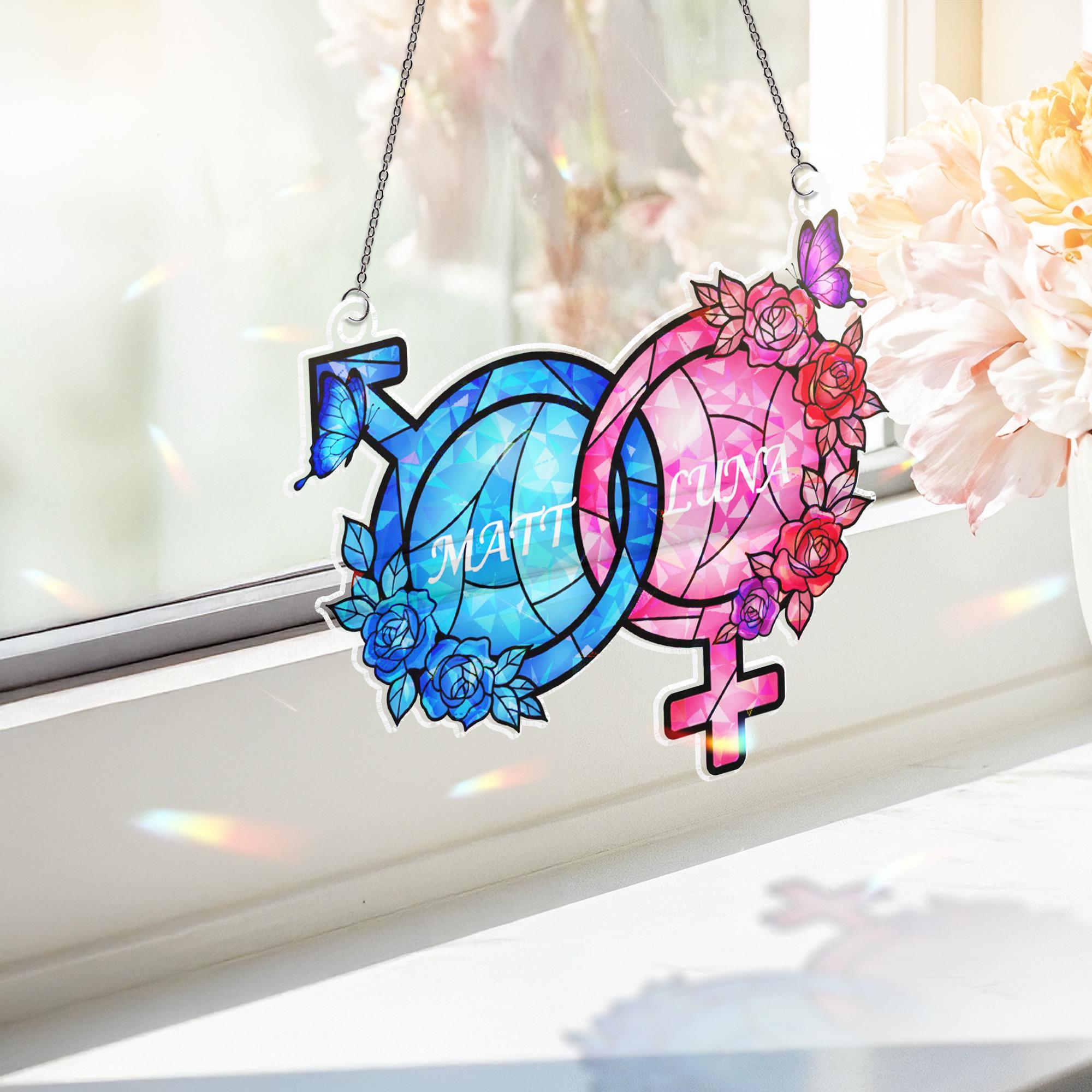 Personalized Acrylic Suncatcher: Interlocking Gender Symbols with Butterfly and Rose Accents image 2