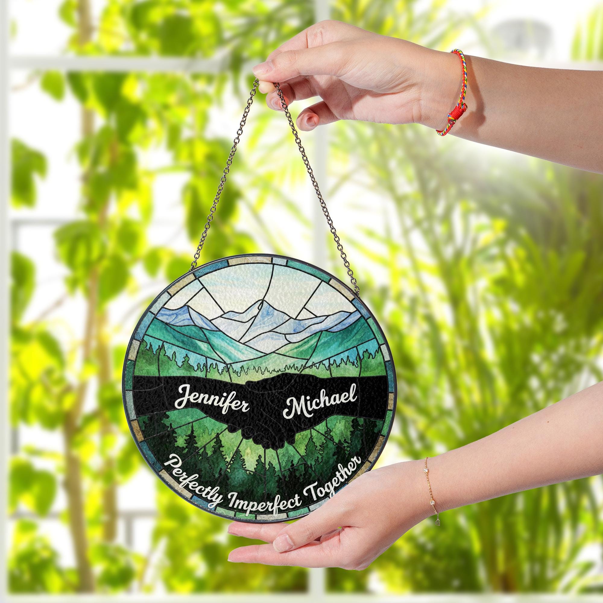 Personalized Glass Suncatcher: Nature Scene with Mountains, Forest, and Unity Hands image 2