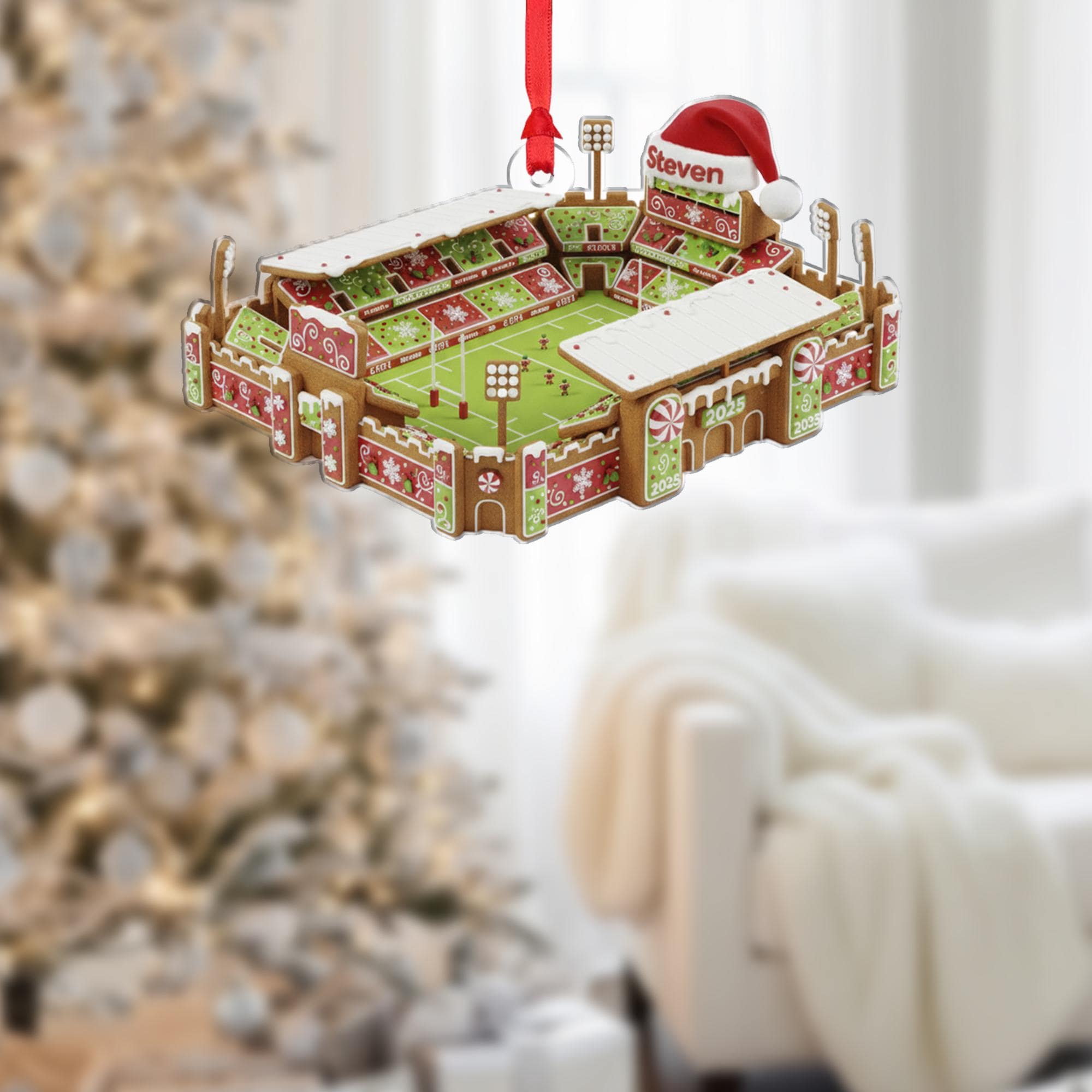 Personalized Gingerbread Football Stadium Ornament: Custom Name Acrylic Sports Gift image 2