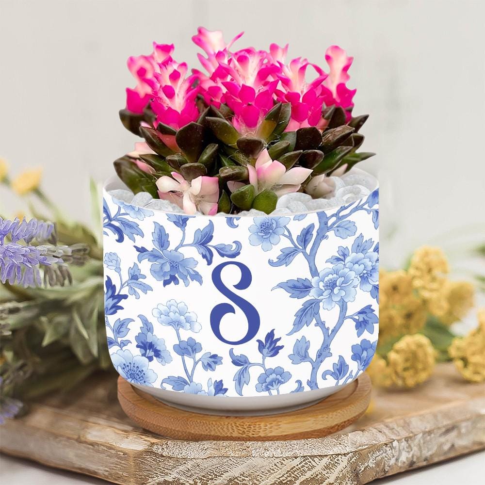 Personalized Monogram Ceramic Plant Pot: Blue Chinoiserie Planter with Saucer image 1