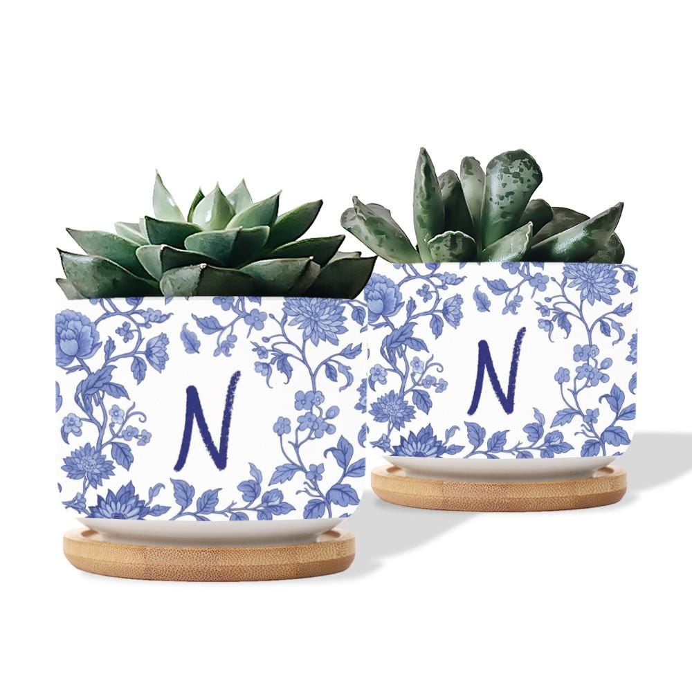 Personalized Monogram Ceramic Plant Pot: Blue Chinoiserie Planter with Saucer image 5