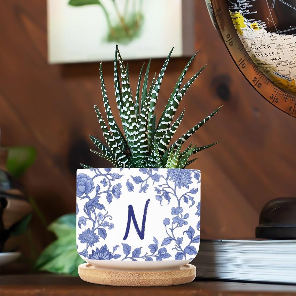 Personalized Monogram Ceramic Plant Pot: Blue Chinoiserie Planter with Saucer image 7