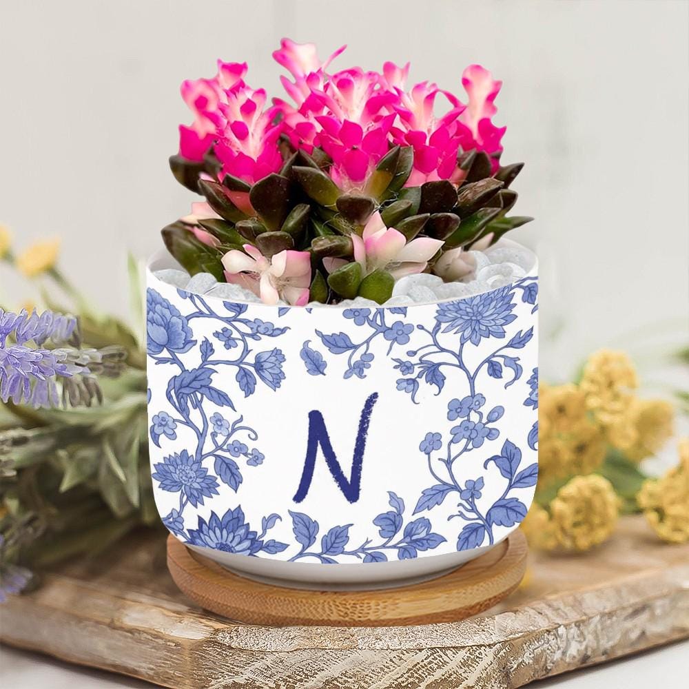 Personalized Monogram Ceramic Plant Pot: Blue Chinoiserie Planter with Saucer image 1