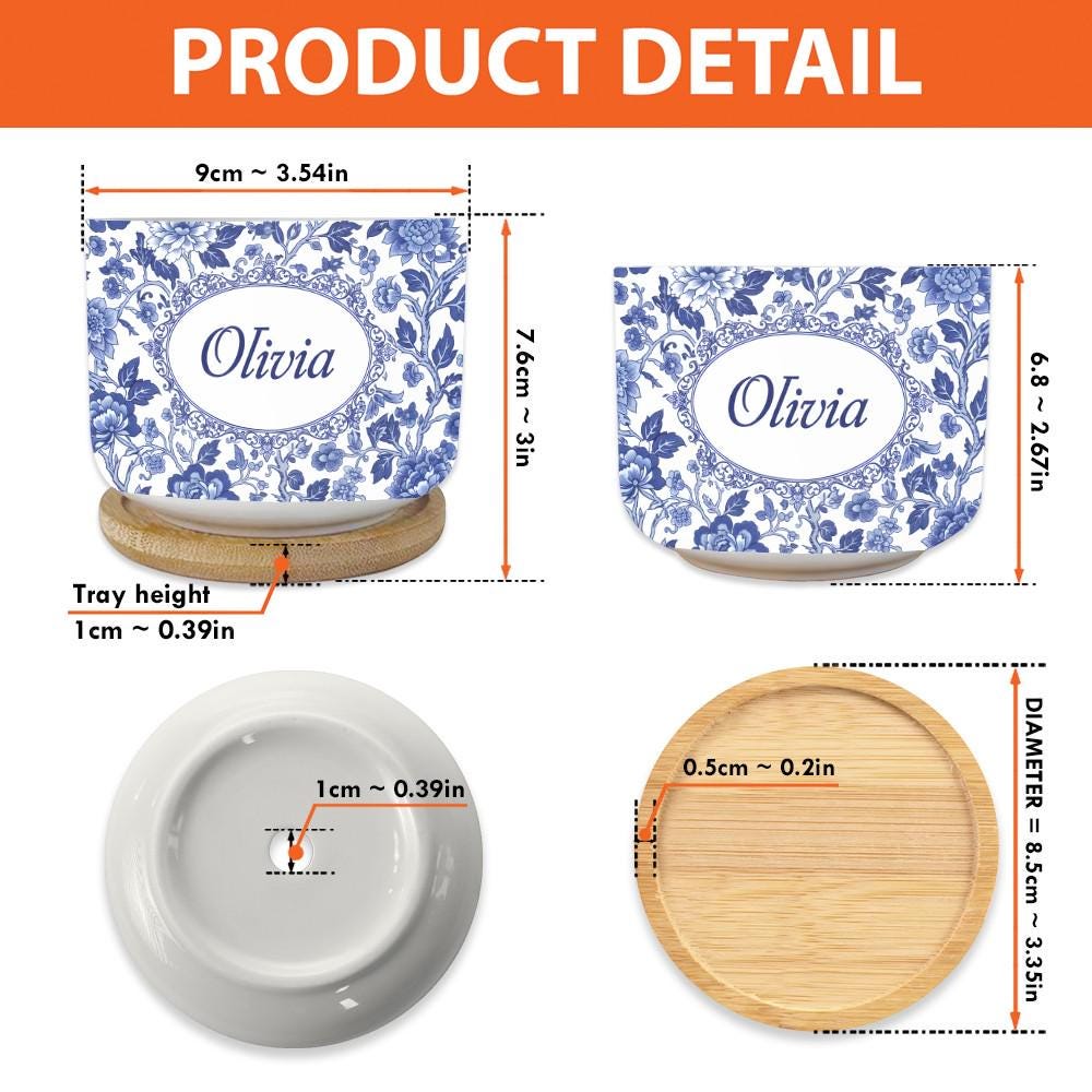 Personalized Name Ceramic Plant Pot: Blue Chinoiserie Planter with Saucer image 4
