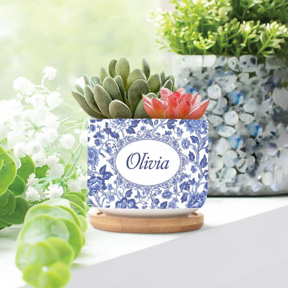 Personalized Name Ceramic Plant Pot: Blue Chinoiserie Planter with Saucer image 8