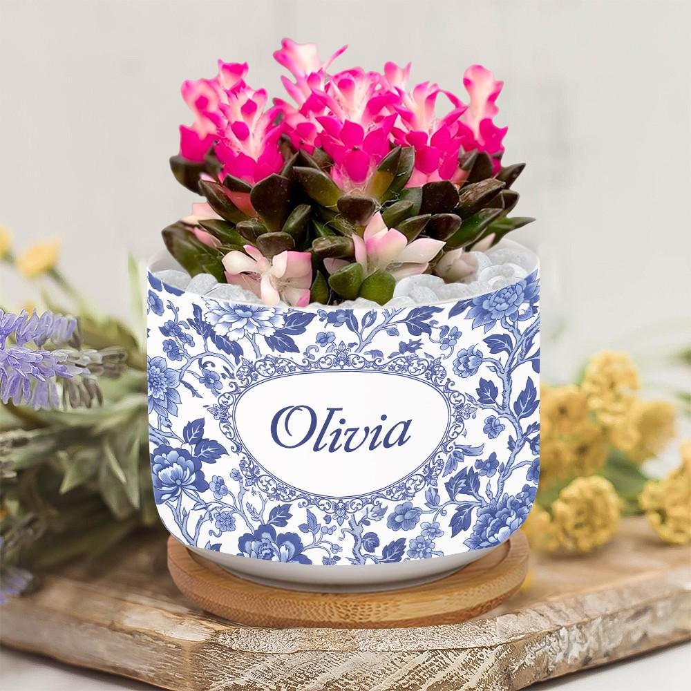 Personalized Name Ceramic Plant Pot: Blue Chinoiserie Planter with Saucer image 1