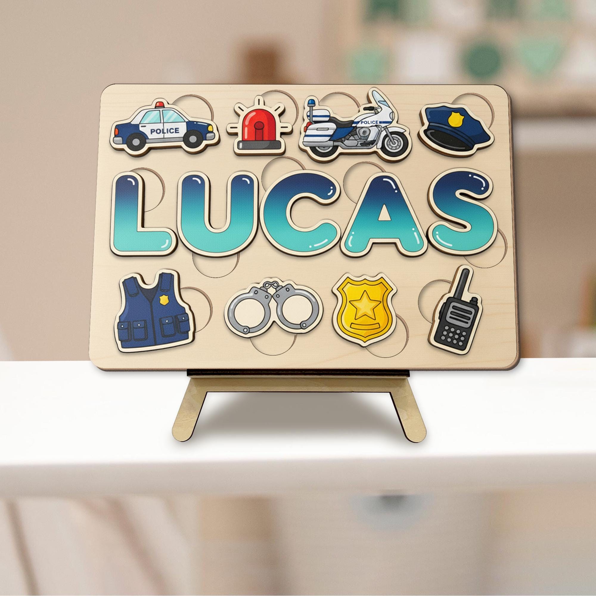 Personalized Wooden Name Puzzle: Police Theme Puzzle with Vehicles and Gear Pieces image 2