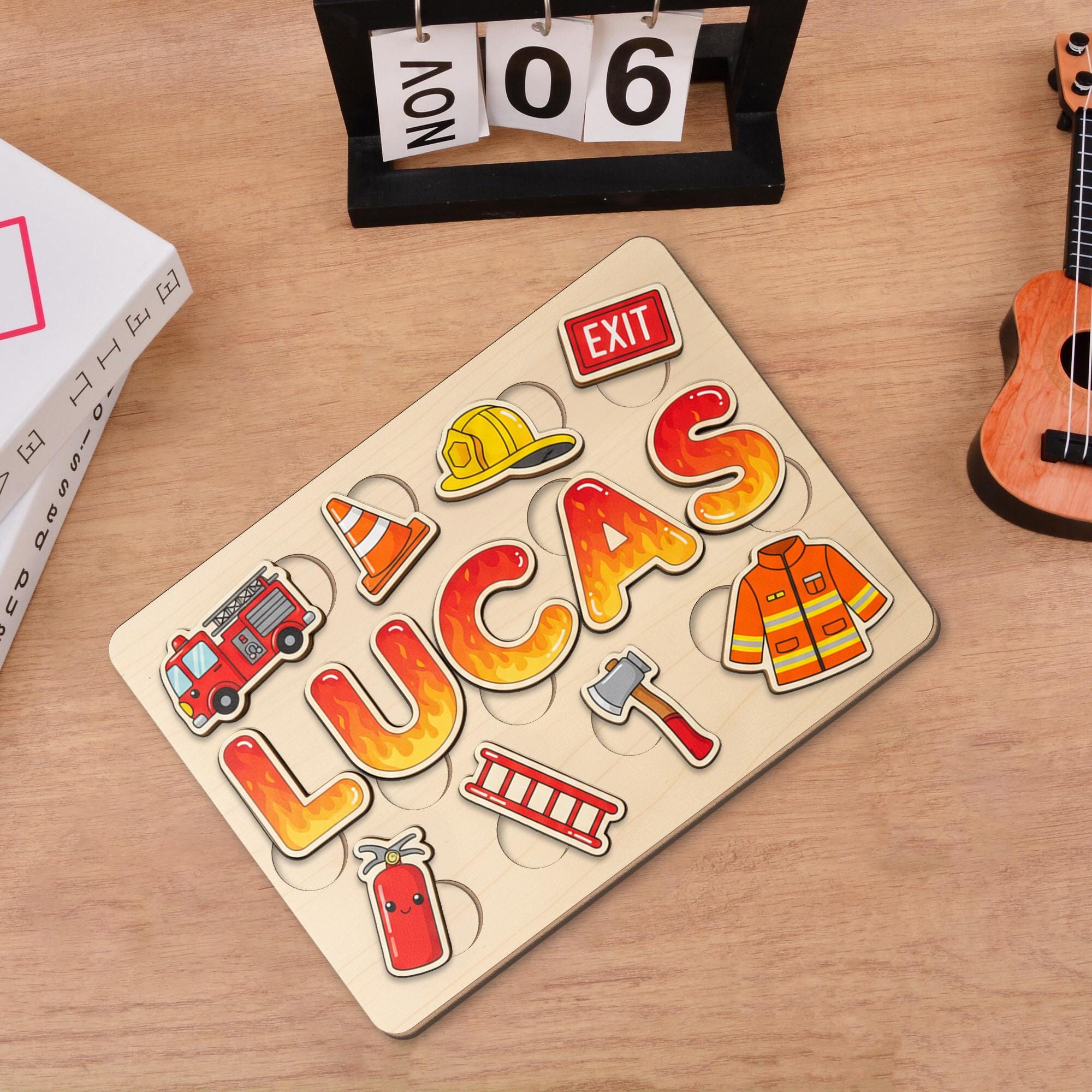 Personalized Wooden Name Puzzle: Firefighter Theme Puzzle with Tools and Gear Pieces image 1