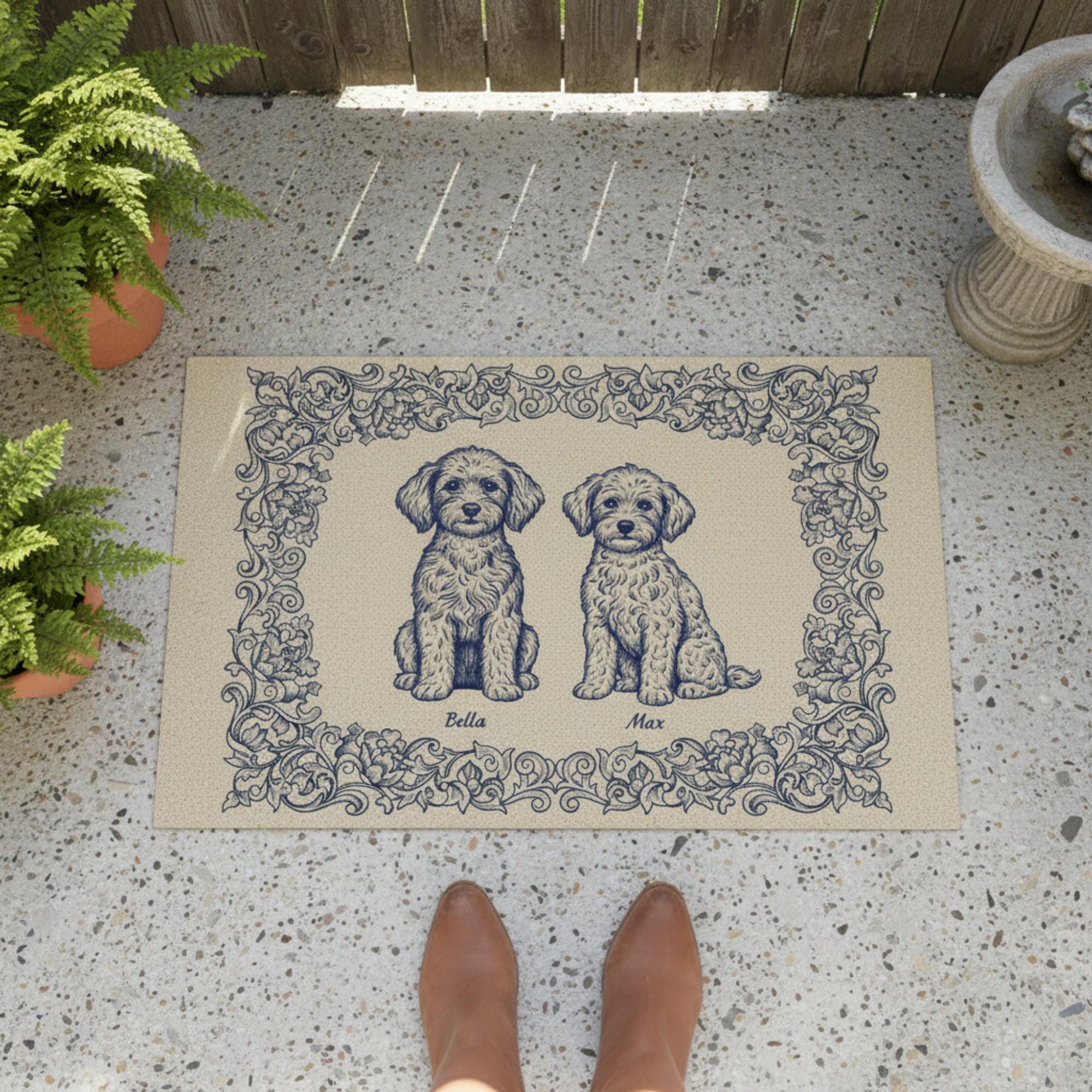 Custom Dog Doormat – Personalized Blue Toile Pet Entry Mat image 1