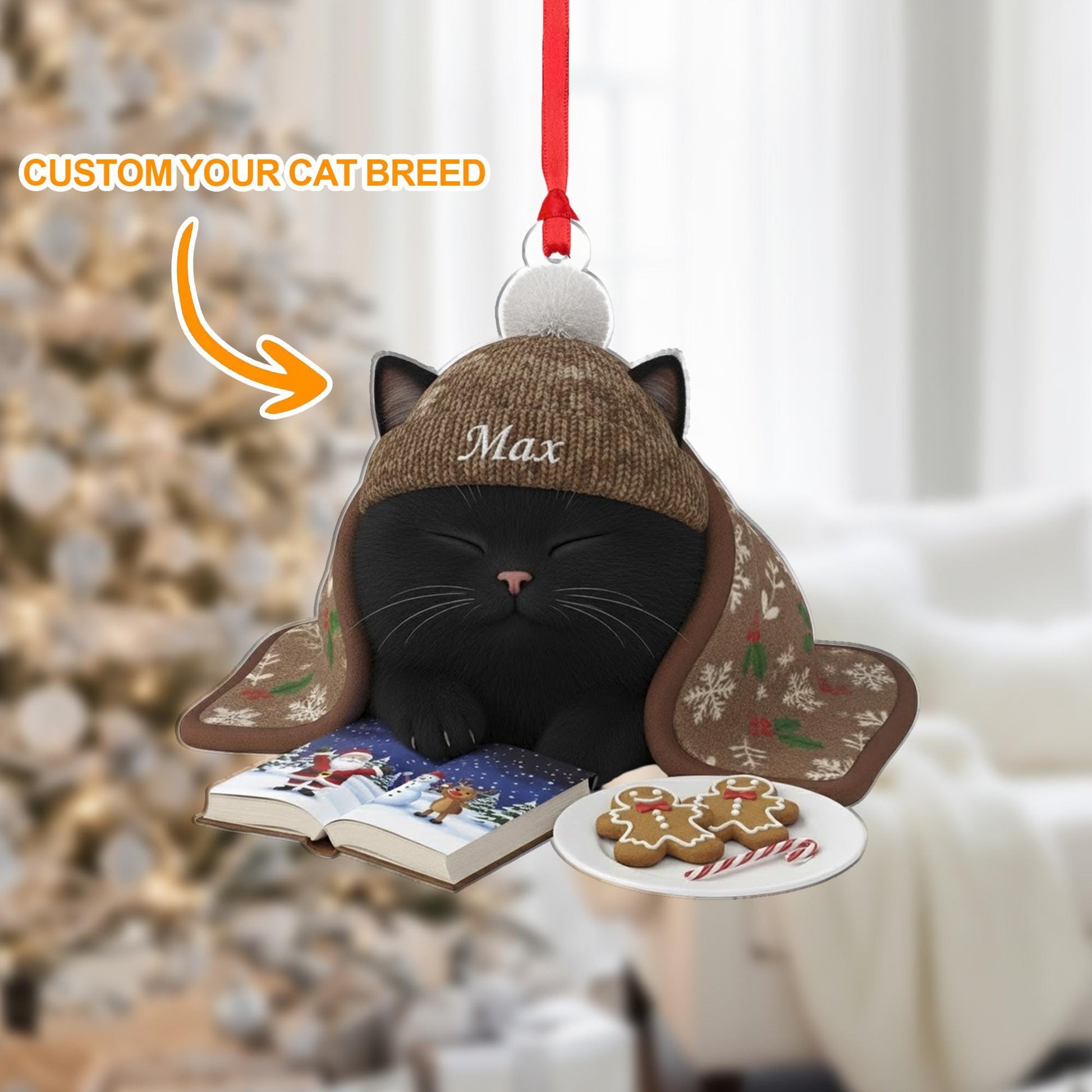 Personalized Christmas Ornament: Custom Cat Breed, Sleeping on Book, Beanie Hat image 1