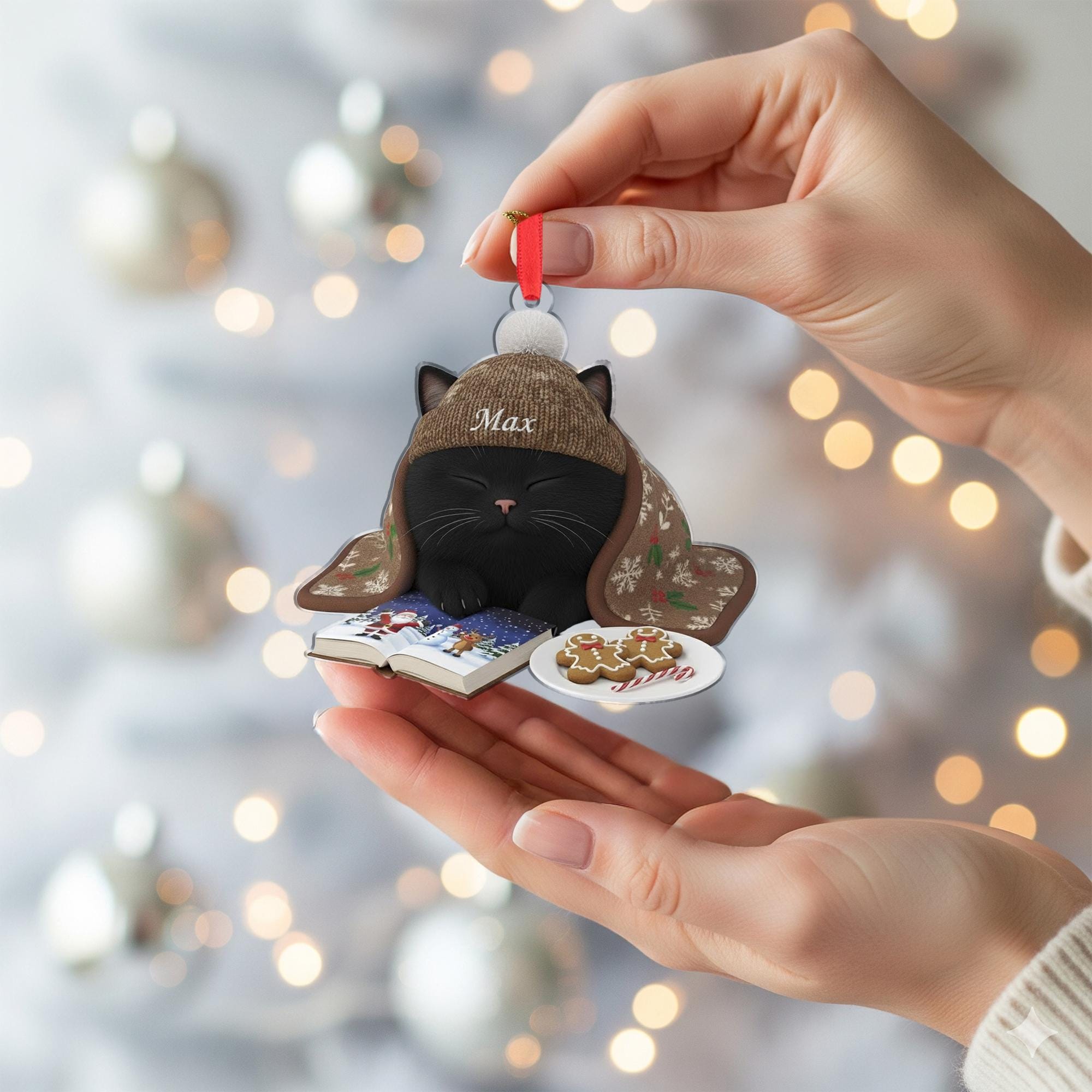 Personalized Christmas Ornament: Custom Cat Breed, Sleeping on Book, Beanie Hat image 4