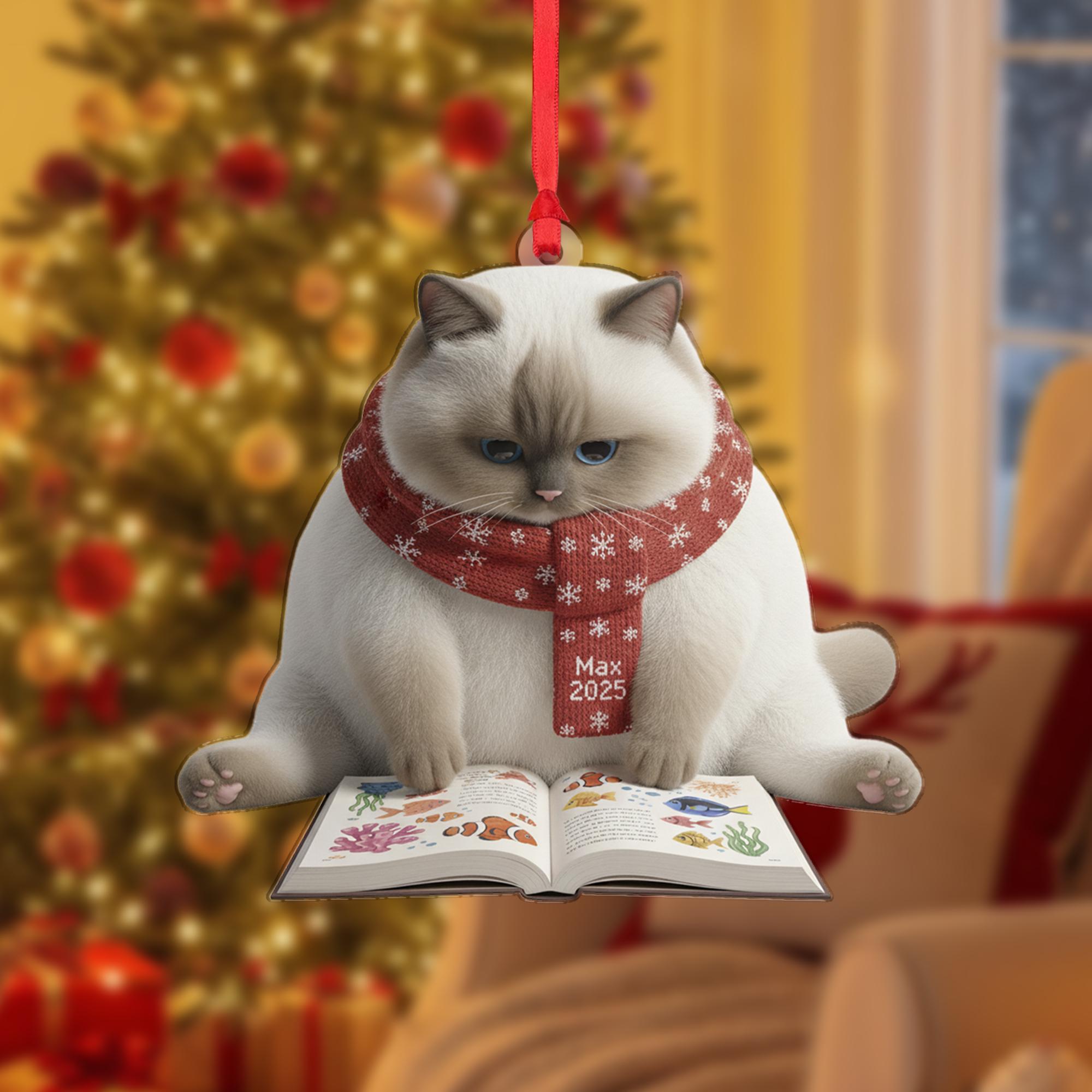 Personalized Christmas Ornament: Cat Reading Fish Book, Custom Name Scarf, Fluffy Pet Decor image 2