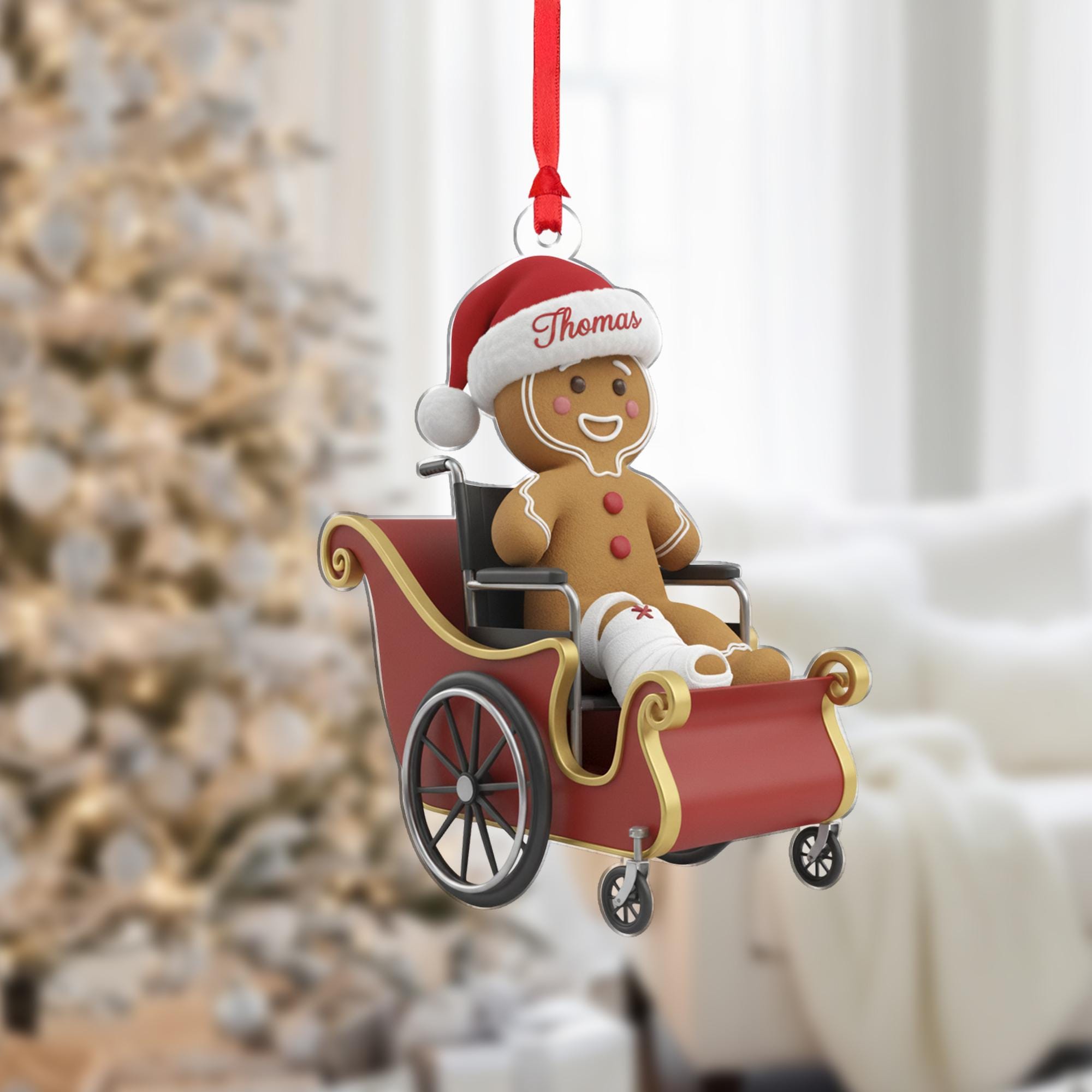 Personalized Christmas Ornament: Gingerbread Man, Wheelchair Sleigh, Broken Leg Cast image 1