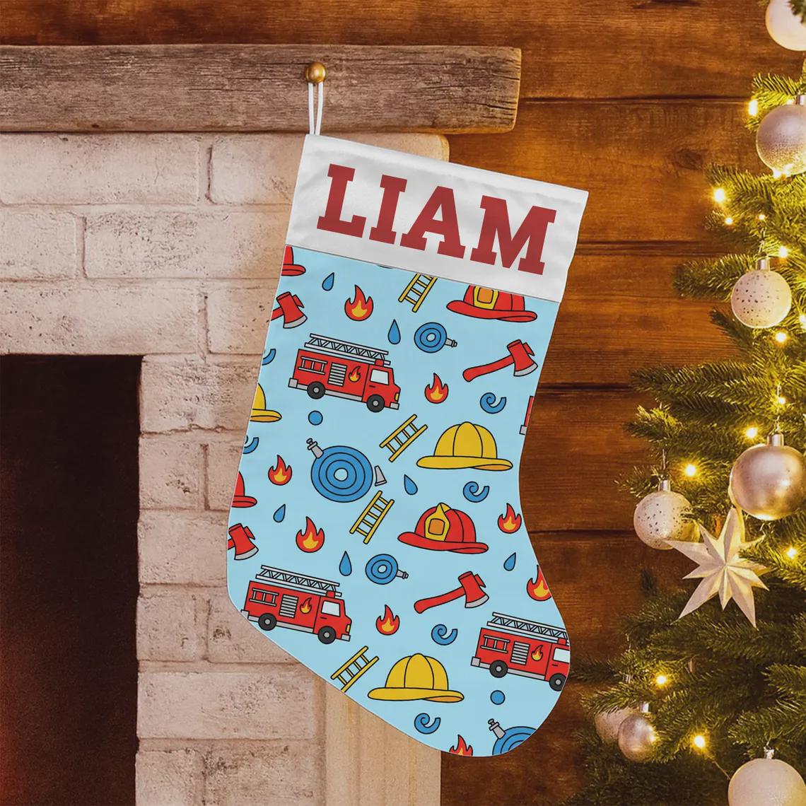 Personalized Christmas Stocking: Firefighter Pattern with Name image 1