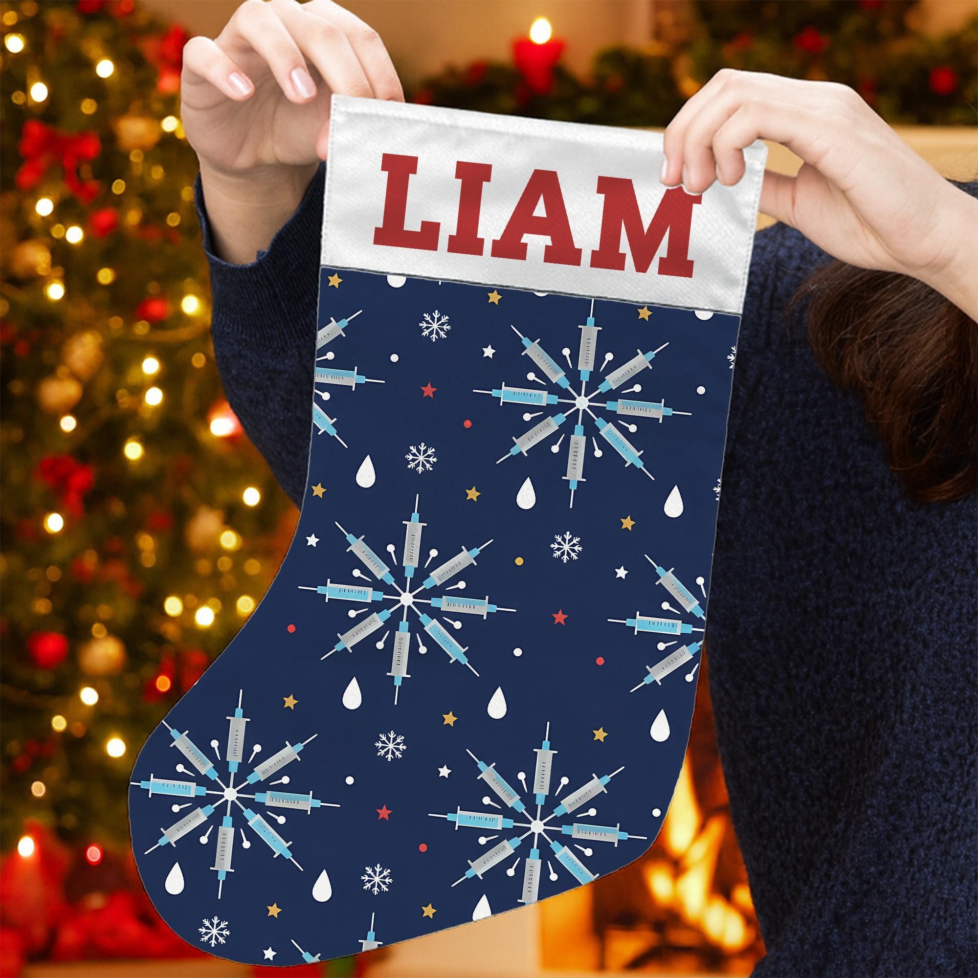 Personalized Christmas Stocking – Medical Themed Holiday Decor with Syringe Snowflake Pattern image 2