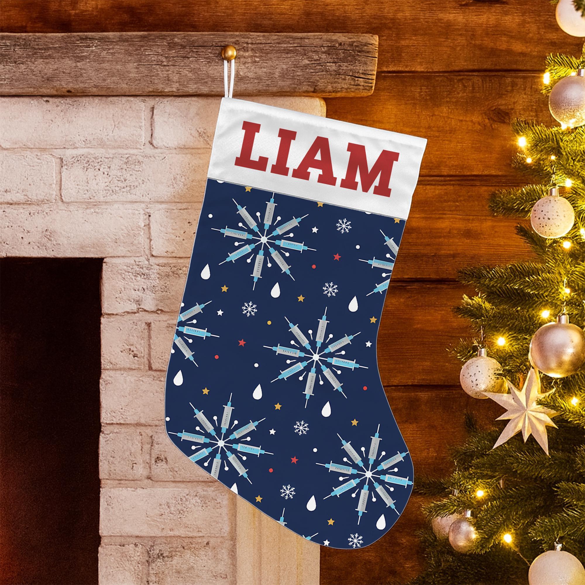 Personalized Christmas Stocking – Medical Themed Holiday Decor with Syringe Snowflake Pattern image 1