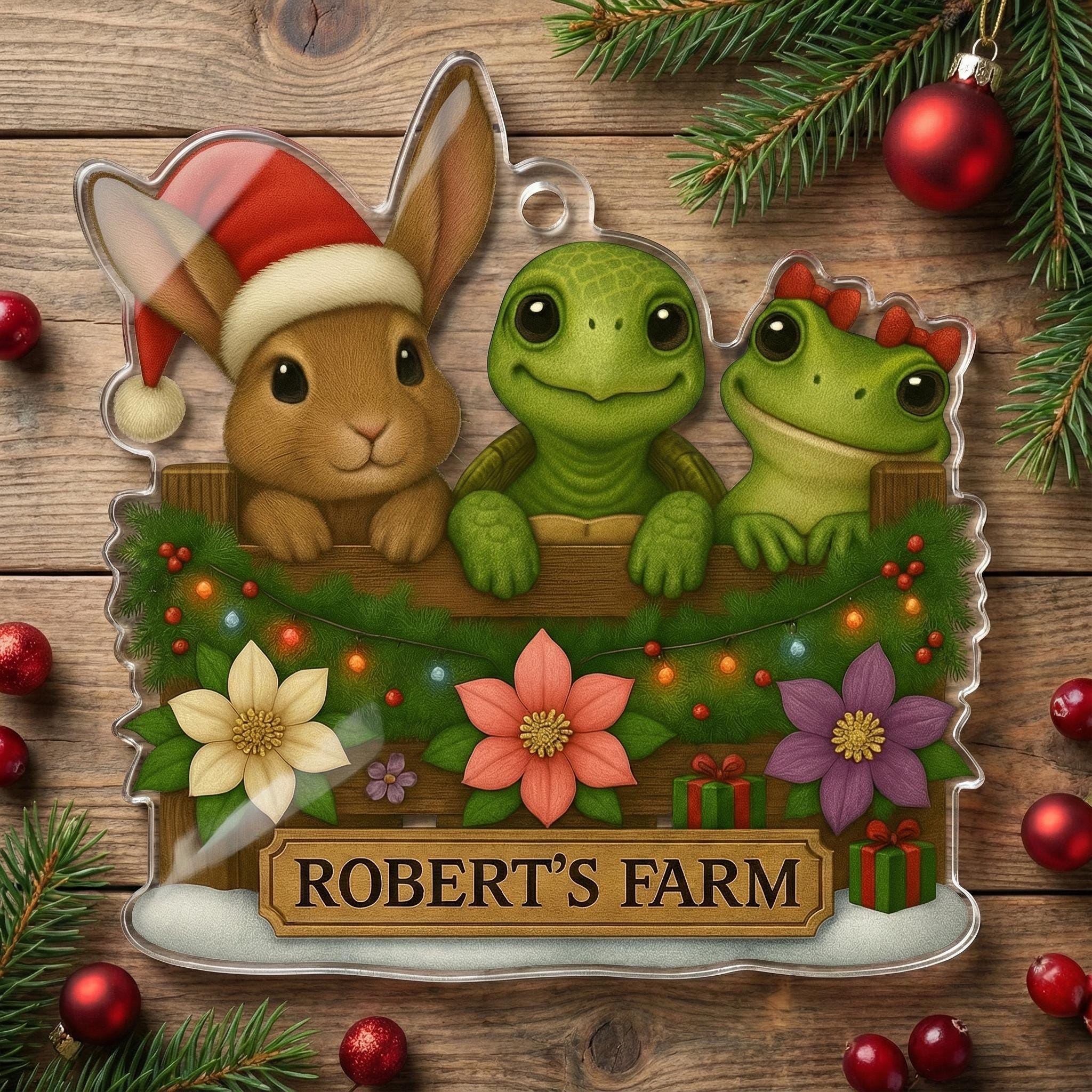Personalized Christmas Ornament: Farm Animal Design, Bunny Turtle Frog Illustration, Custom Name Decoration image 4