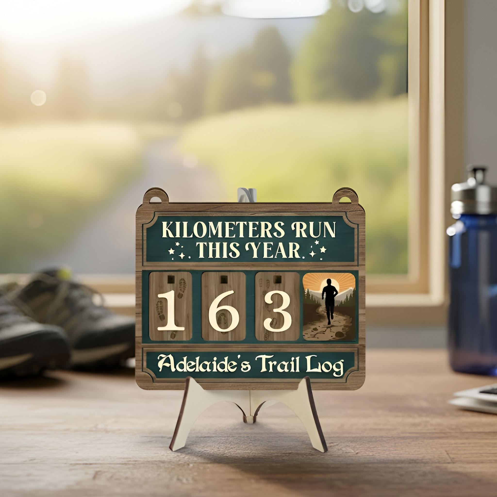 Personalized Wood Counter: Kilometers Run Tracker, Trail Running Log Sign image 2