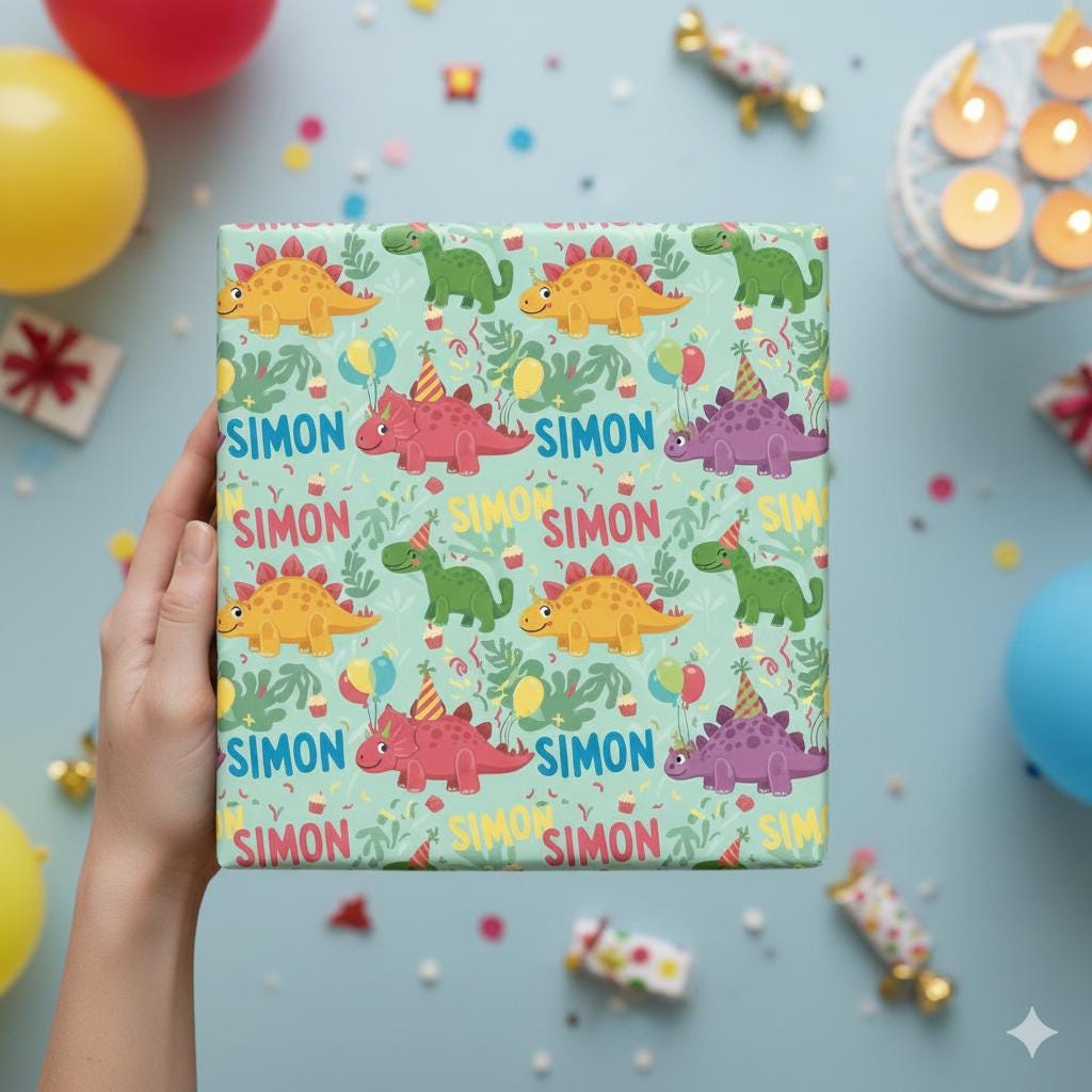 Custom Kids Dinosaur Wrapping Paper: Personalized Name Dino Gift Wrap image 2