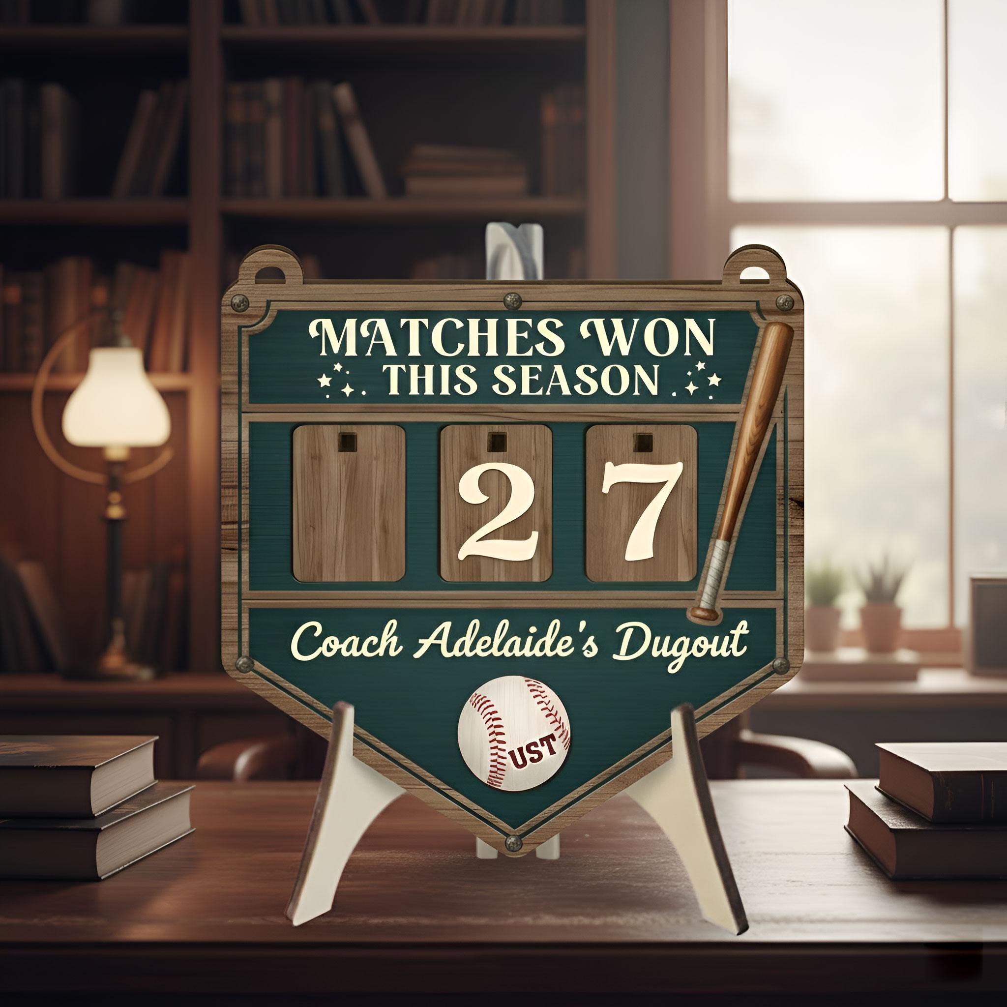 Personalized Wood Counter: Matches Won Scoreboard, Baseball Coach Dugout Sign image 2