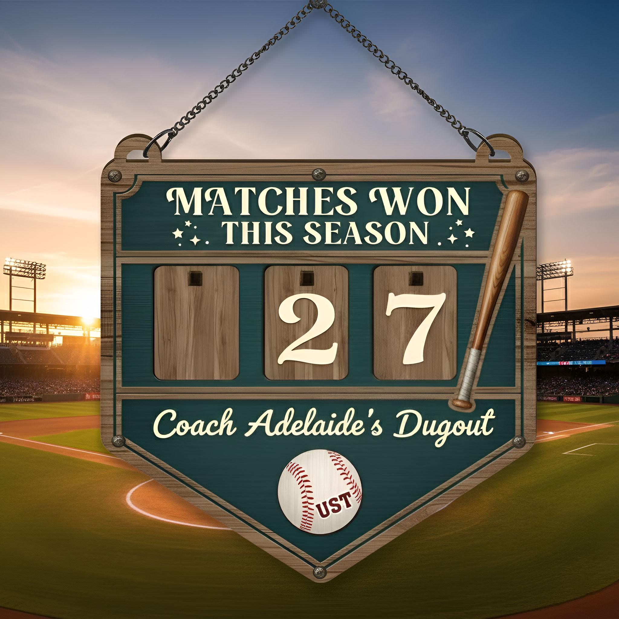 Personalized Wood Counter: Matches Won Scoreboard, Baseball Coach Dugout Sign image 1