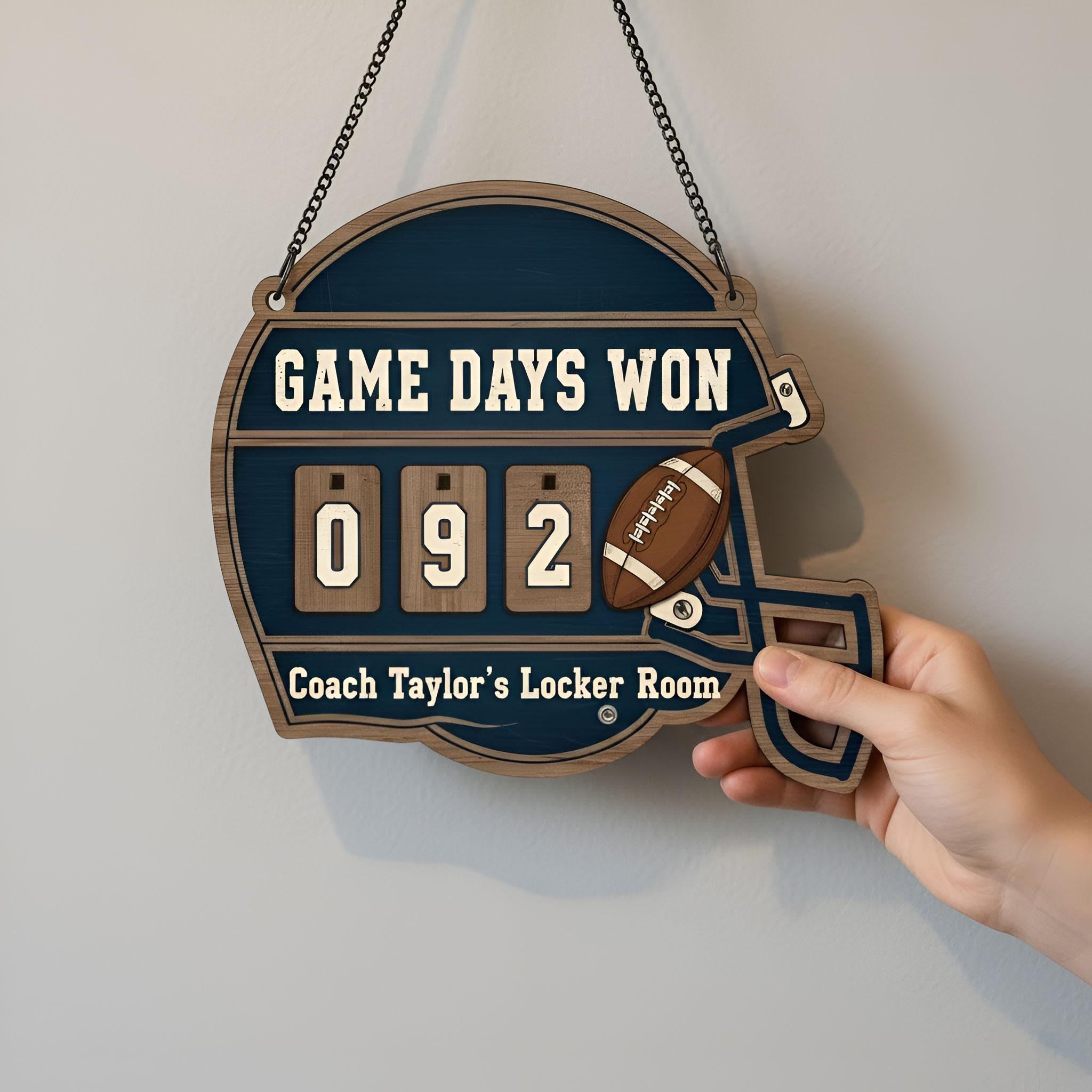 Personalized Wood Counter: Football Game Days Won, Helmet Scoreboard Sign image 1