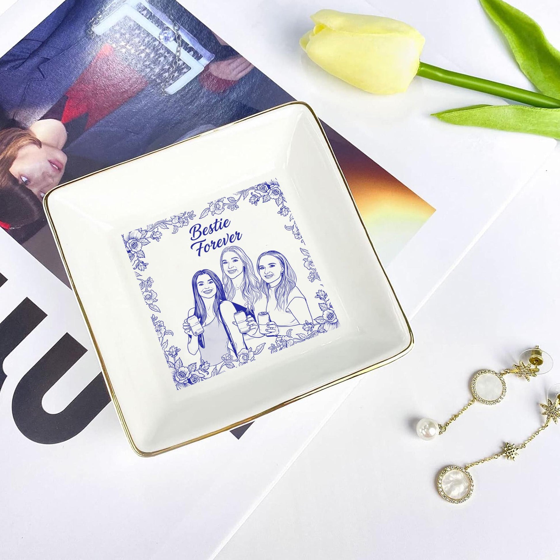 Custom Ceramic Jewelry Tray, Personalized Friend Portrait Trinket Dish, Floral Ring Holder image 4