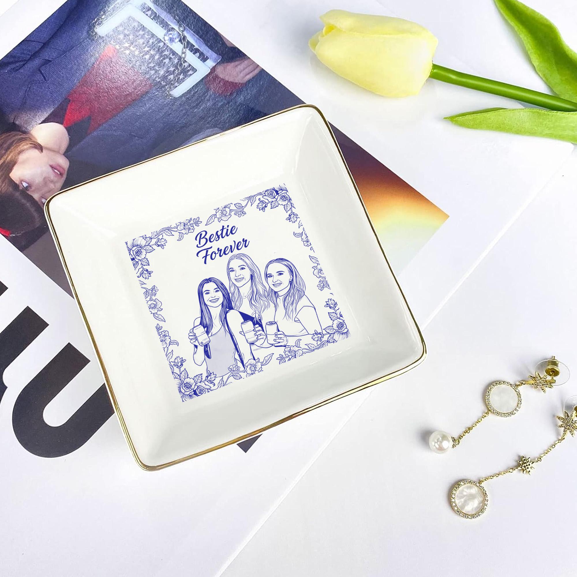 Custom Ceramic Jewelry Tray, Personalized Friend Portrait Trinket Dish, Floral Ring Holder image 4