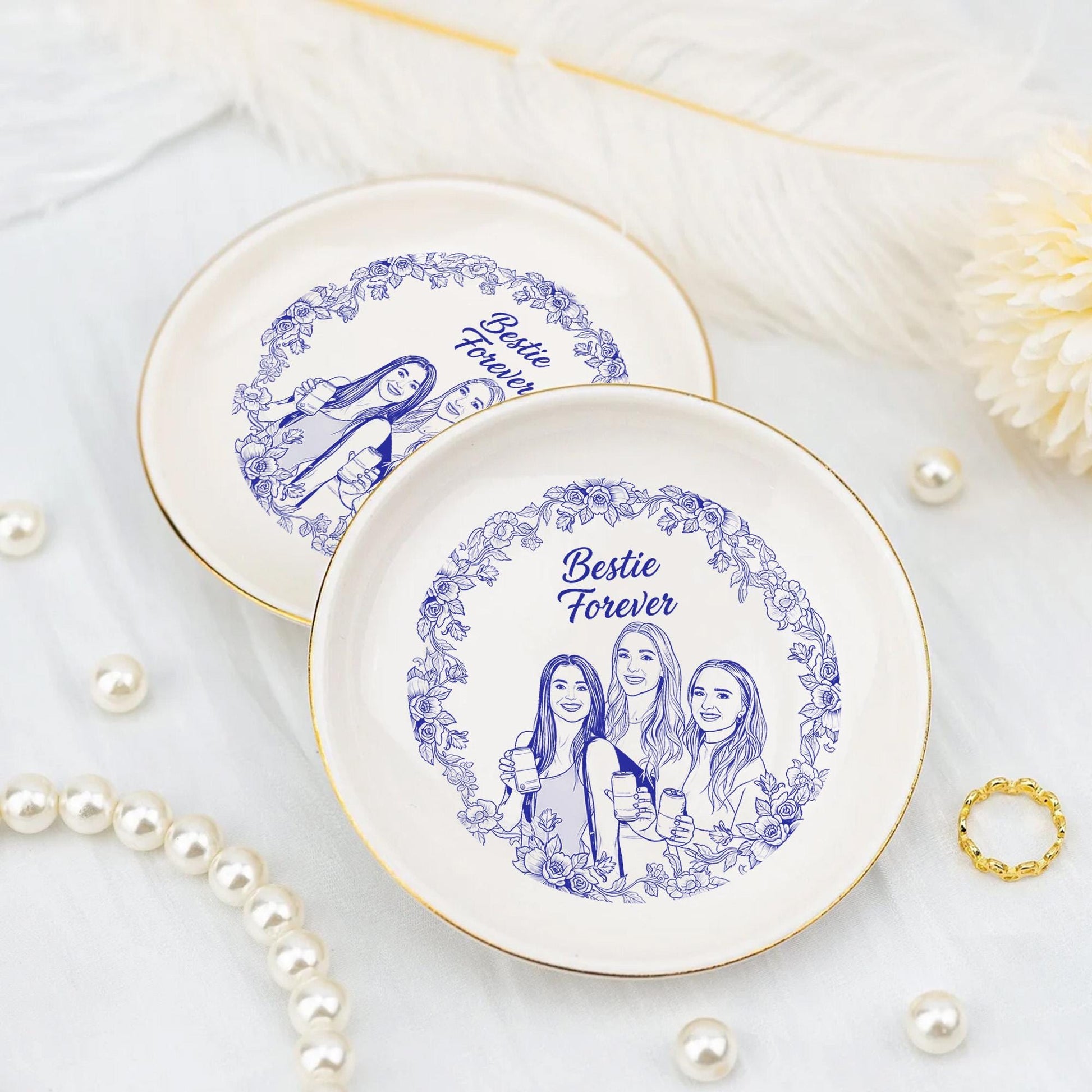 Custom Ceramic Jewelry Tray, Personalized Friend Portrait Trinket Dish, Floral Ring Holder image 2