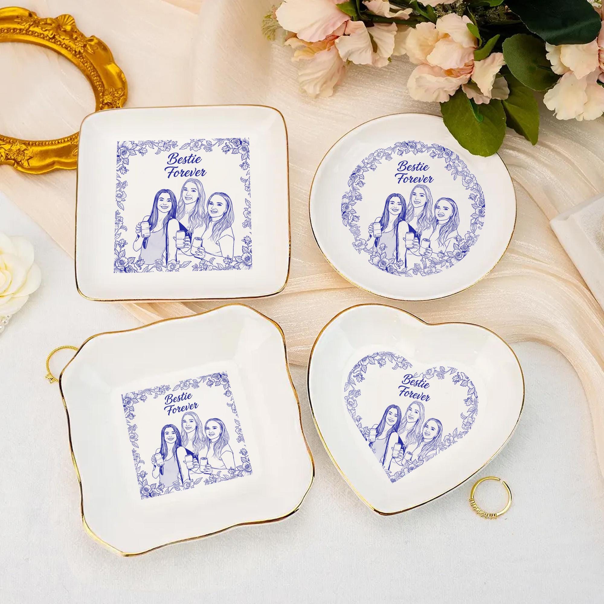 Custom Ceramic Jewelry Tray, Personalized Friend Portrait Trinket Dish, Floral Ring Holder image 1