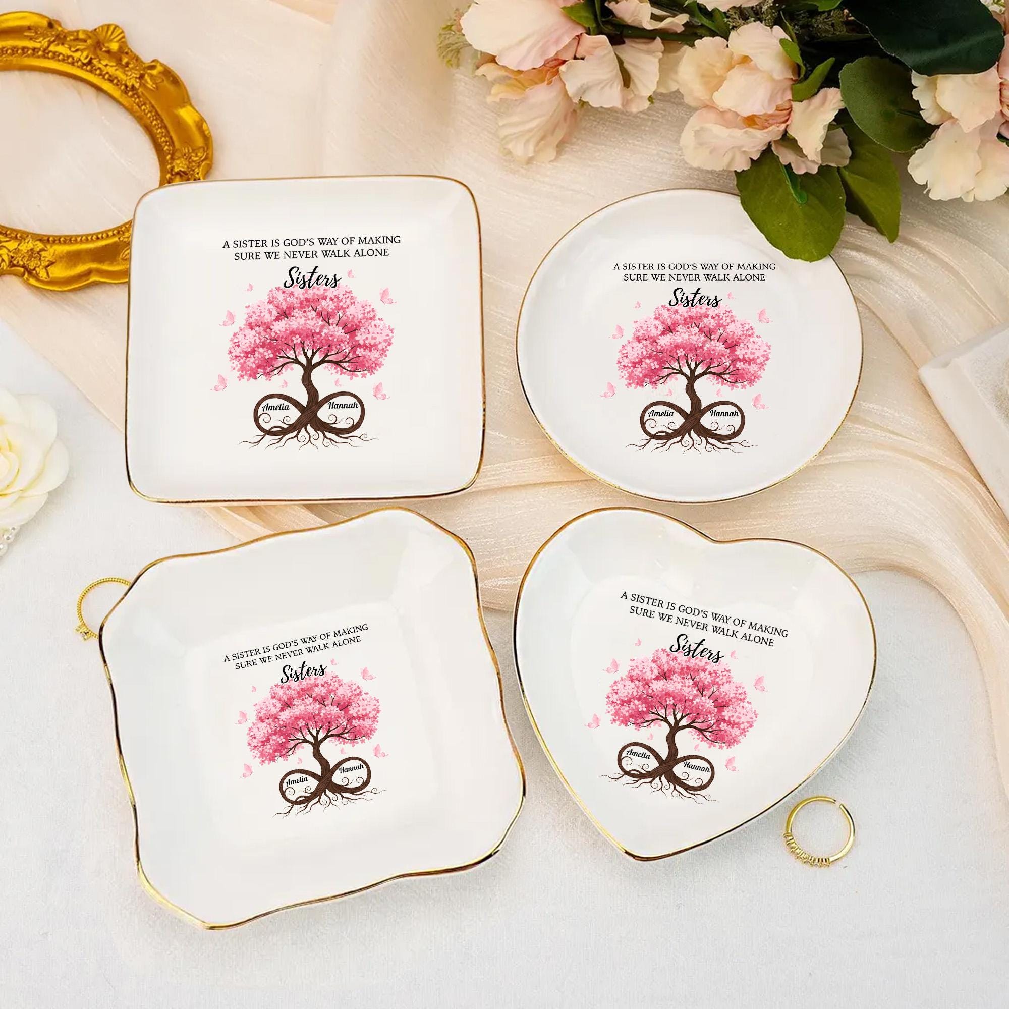 Custom Ceramic Jewelry Tray, Sister Tree Design Trinket Dish, Personalized Name Ring Holder image 2