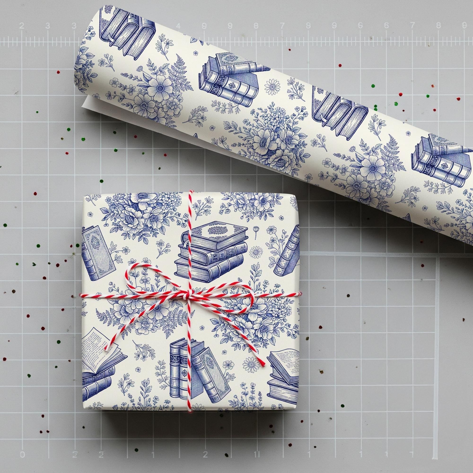 Wrapping Paper Roll, Blue Toile de Jouy Book Floral Pattern, Library Botanical Print image 1