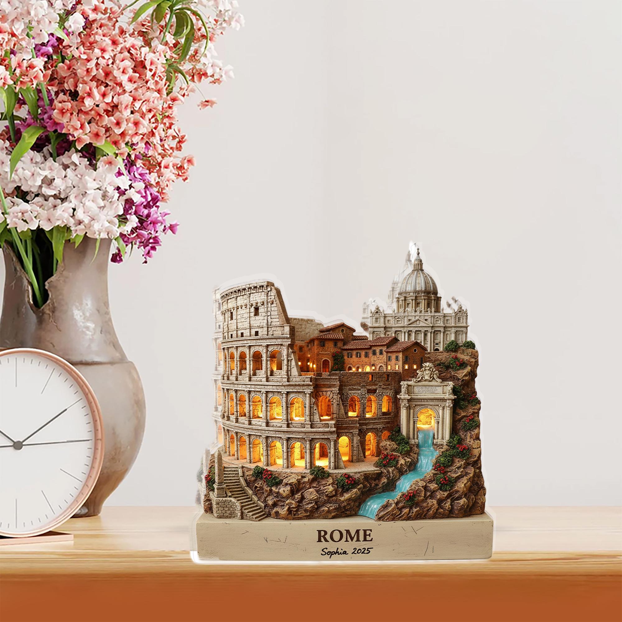 Rome Landmarks Acrylic Block, Personalized Name Year, Colosseum Vatican Trevi Fountain image 2