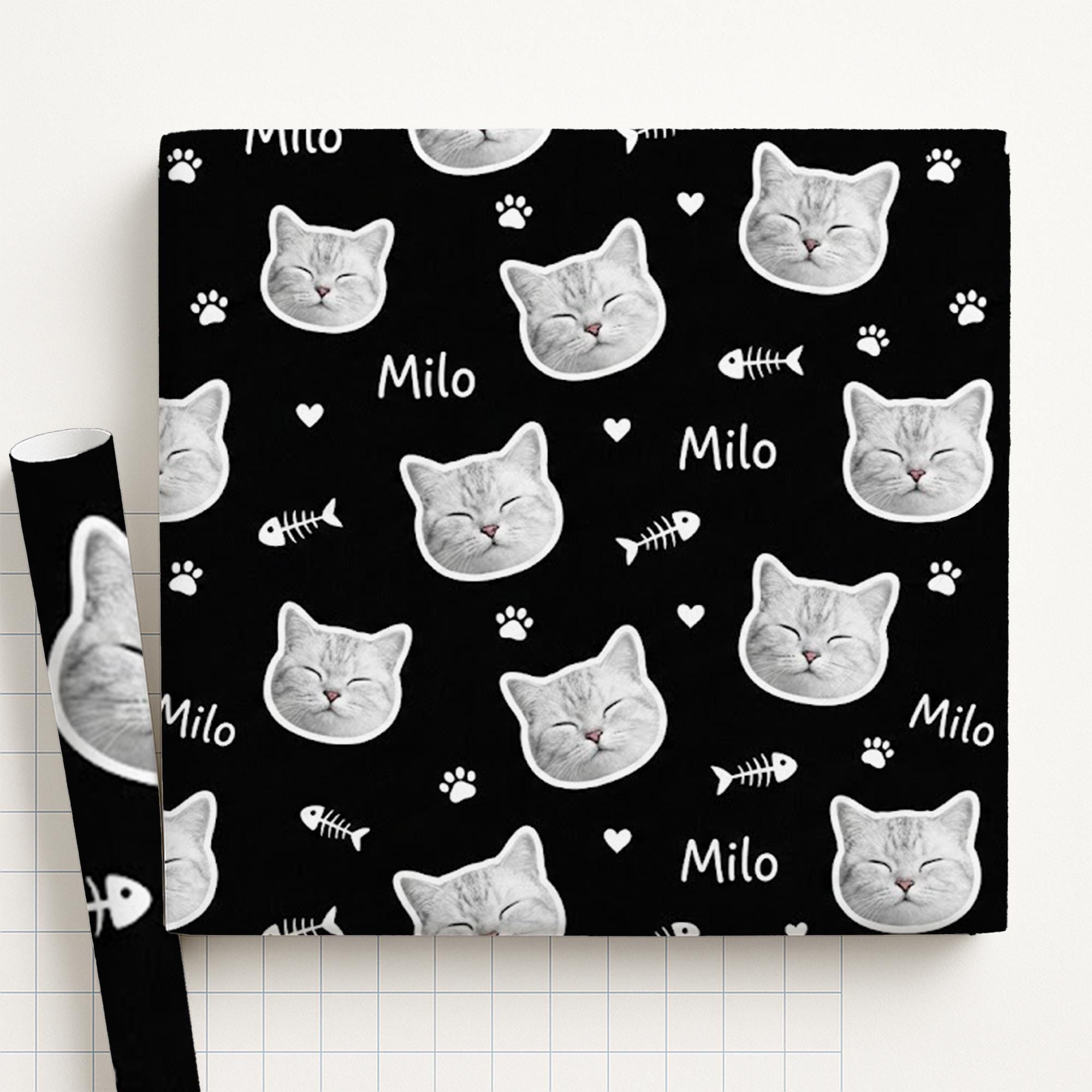 Custom Cat Name Wrapping Paper: Realistic Pet Face, Black Background, Fishbone Pattern image 2