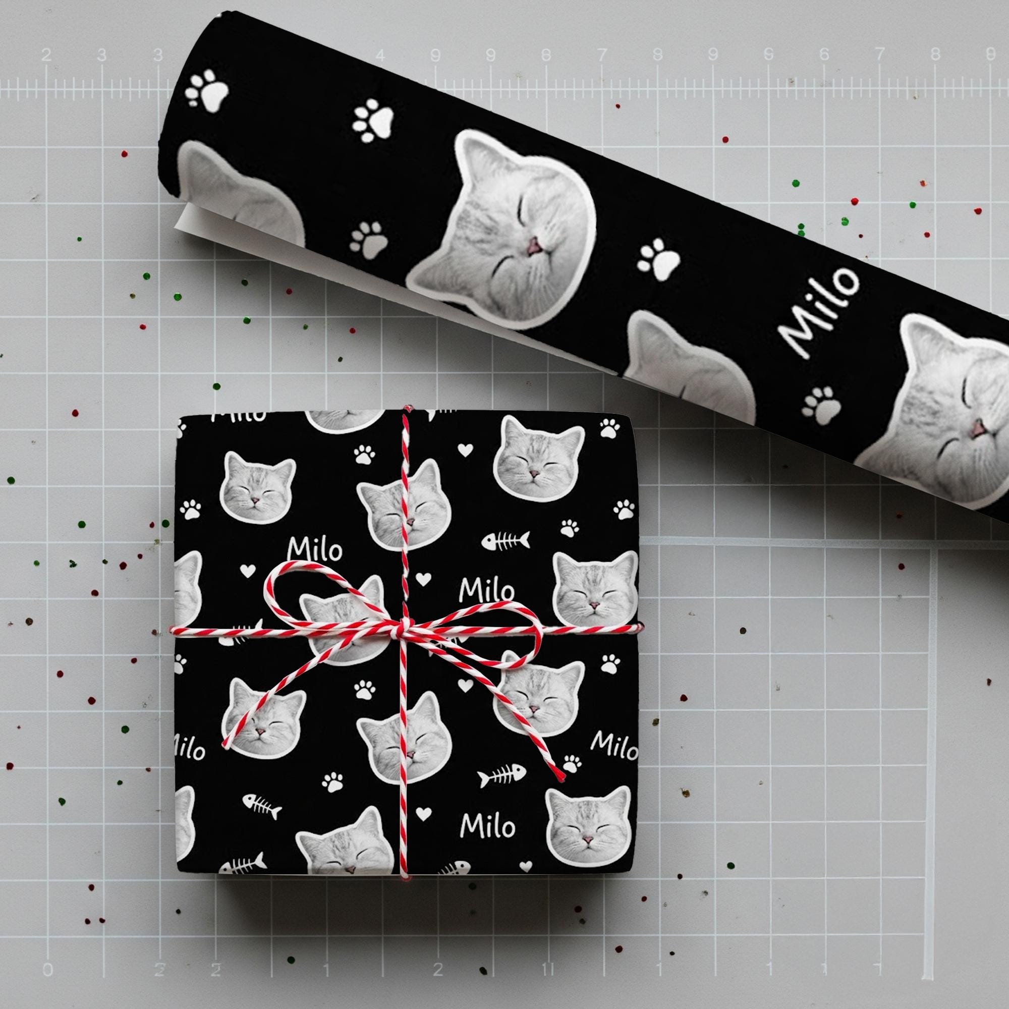 Custom Cat Name Wrapping Paper: Realistic Pet Face, Black Background, Fishbone Pattern image 1
