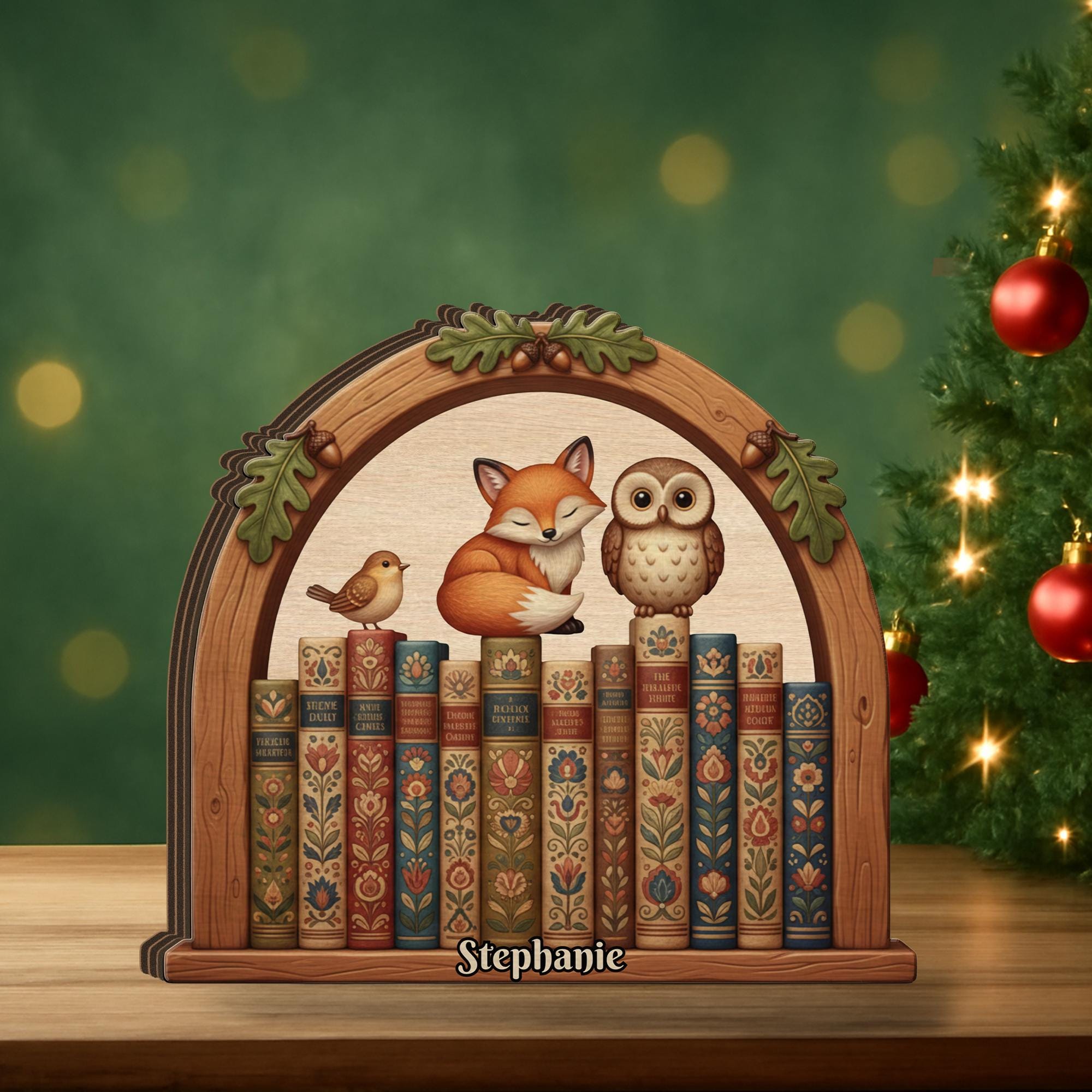 Personalized Wooden Block, Woodland Book Stack, Fox Owl Bird, Custom Name Shelf Decor image 1