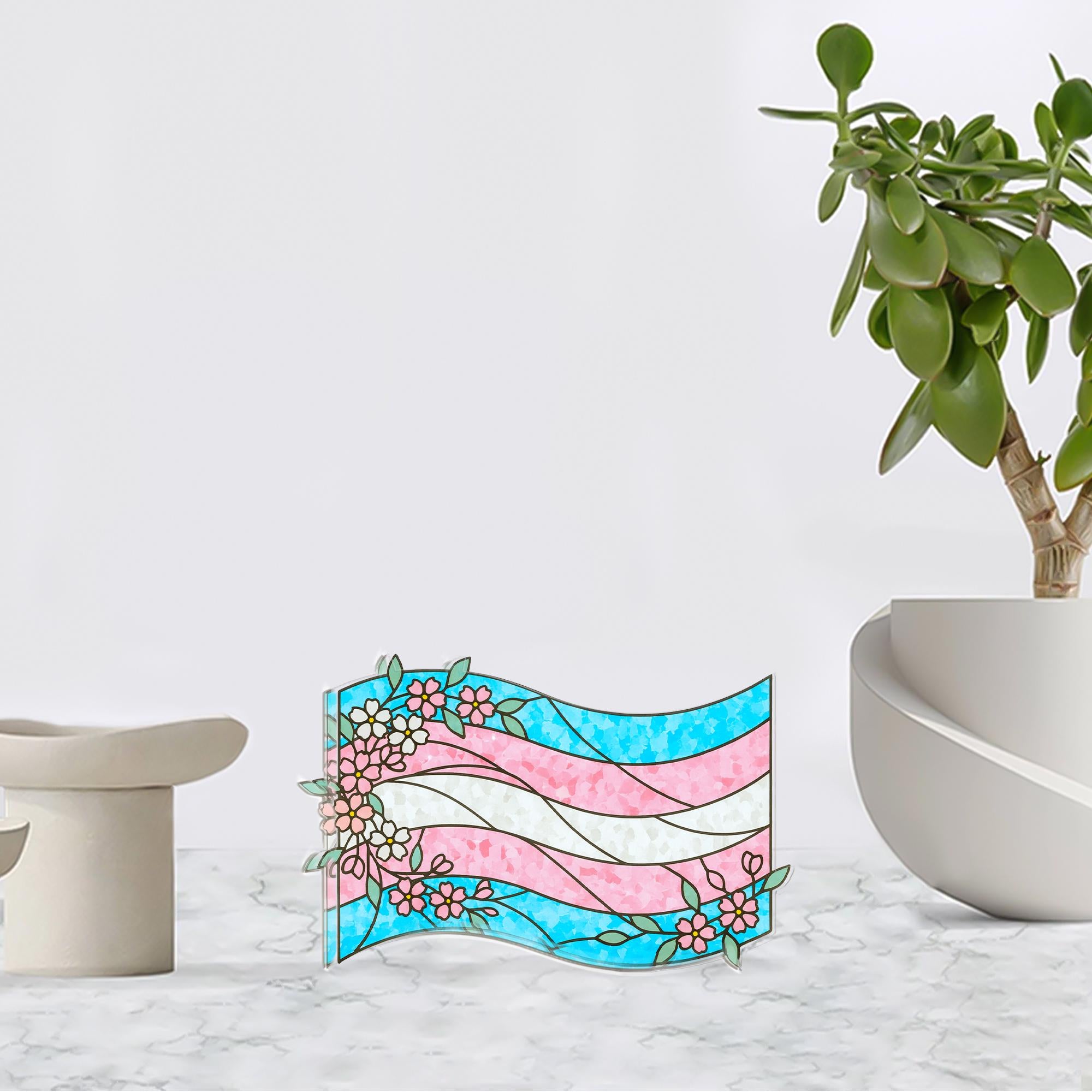 Trans Pride Acrylic Block, Floral Flag Design, Pastel Blue Pink White, Tabletop Decor image 2