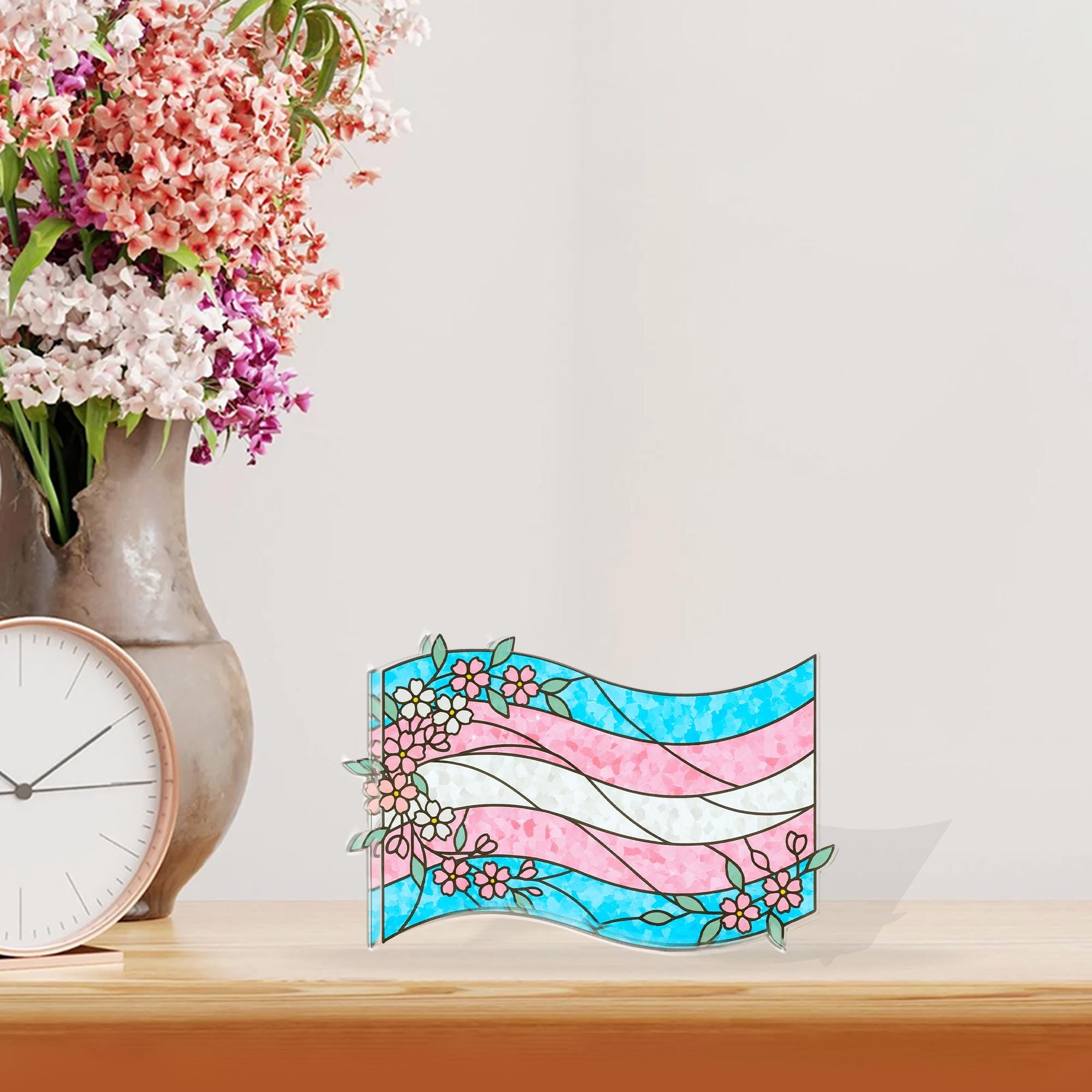 Trans Pride Acrylic Block, Floral Flag Design, Pastel Blue Pink White, Tabletop Decor image 1
