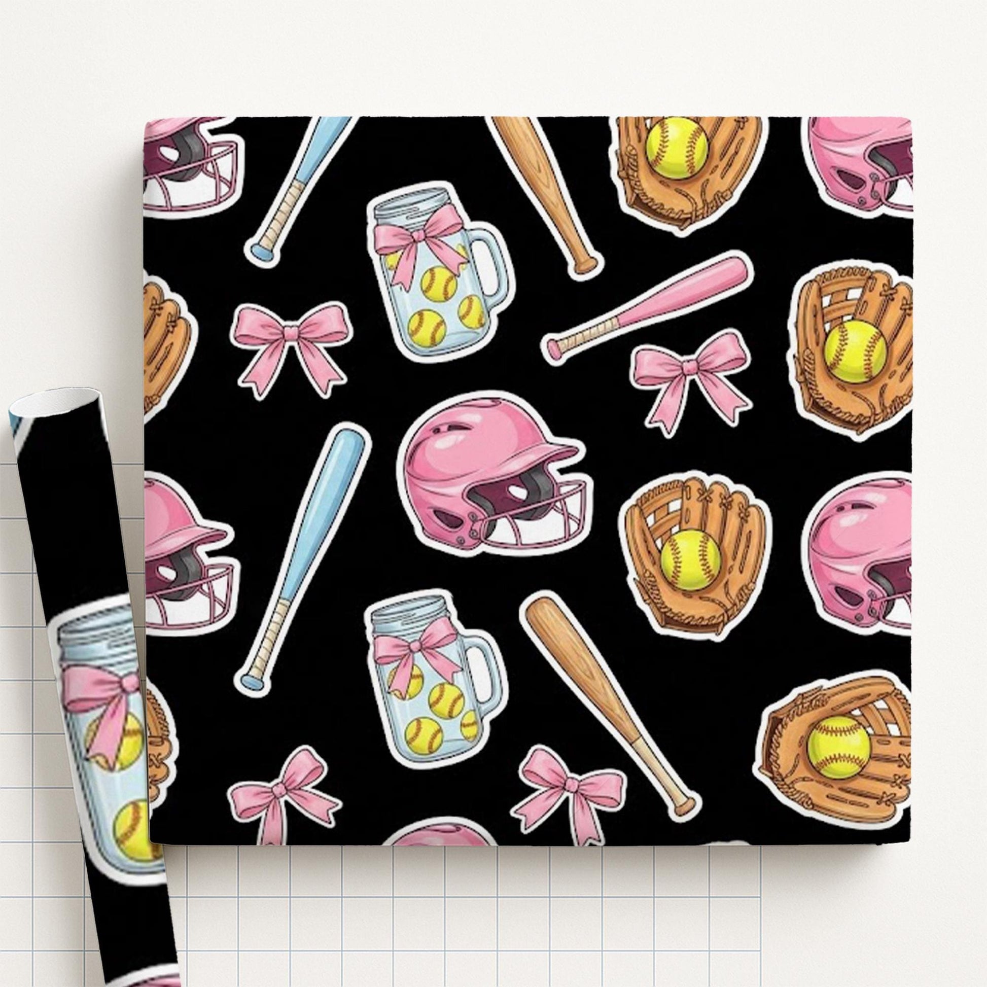 Baseball Wrapping Paper: Pink Helmets, Lemonade Jars, Black Background image 2