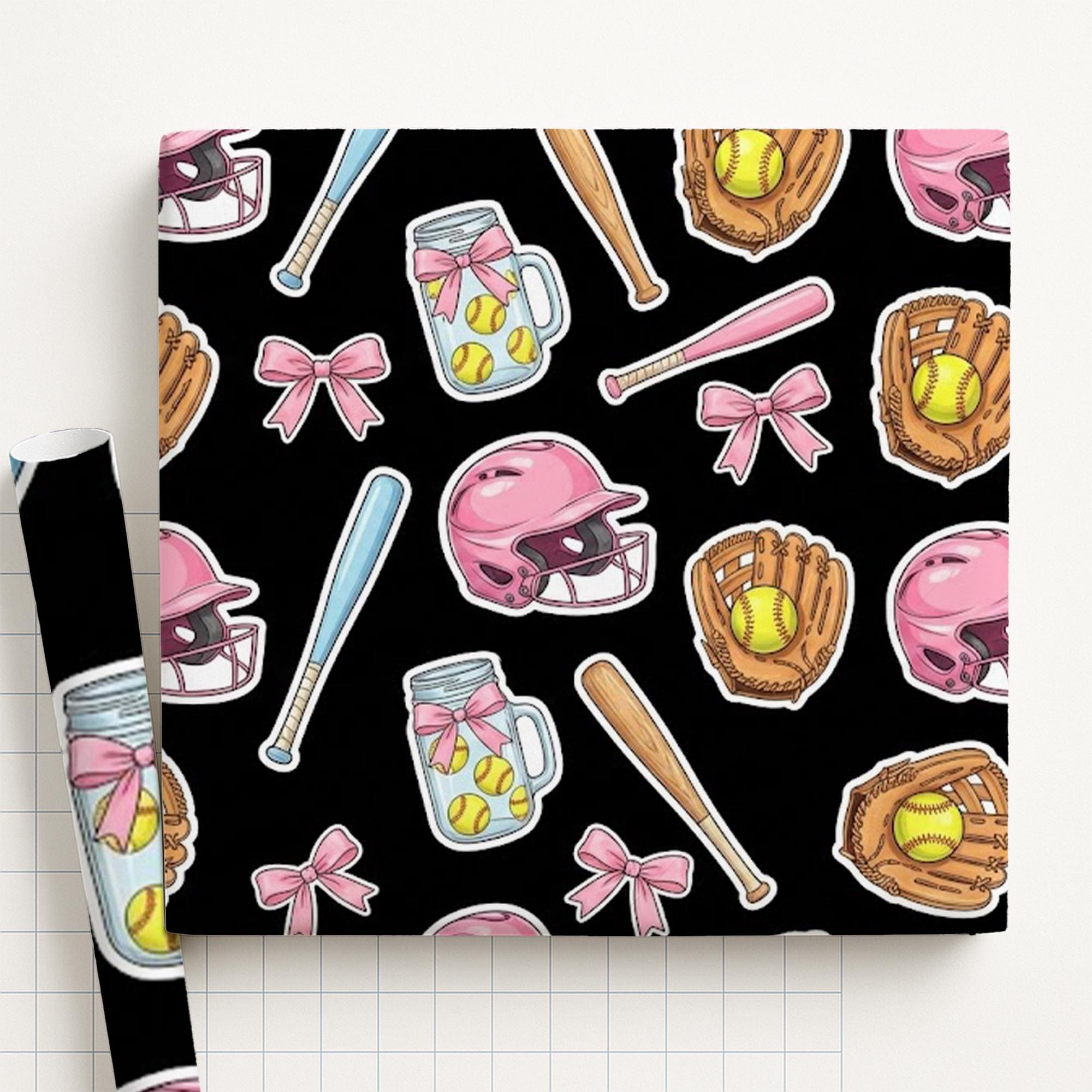Baseball Wrapping Paper: Pink Helmets, Lemonade Jars, Black Background image 2
