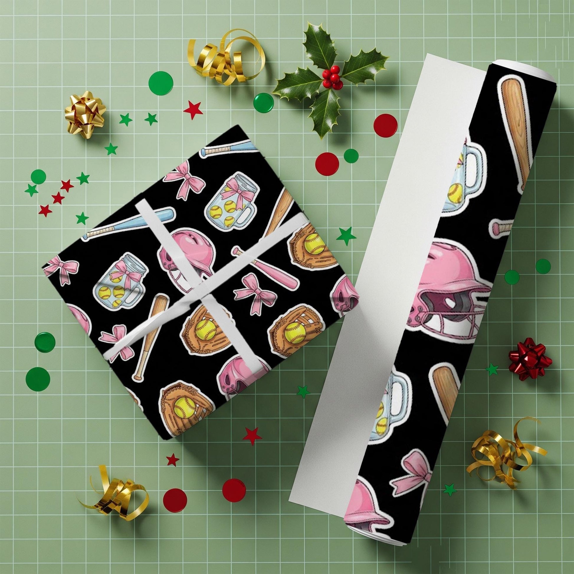 Baseball Wrapping Paper: Pink Helmets, Lemonade Jars, Black Background image 3