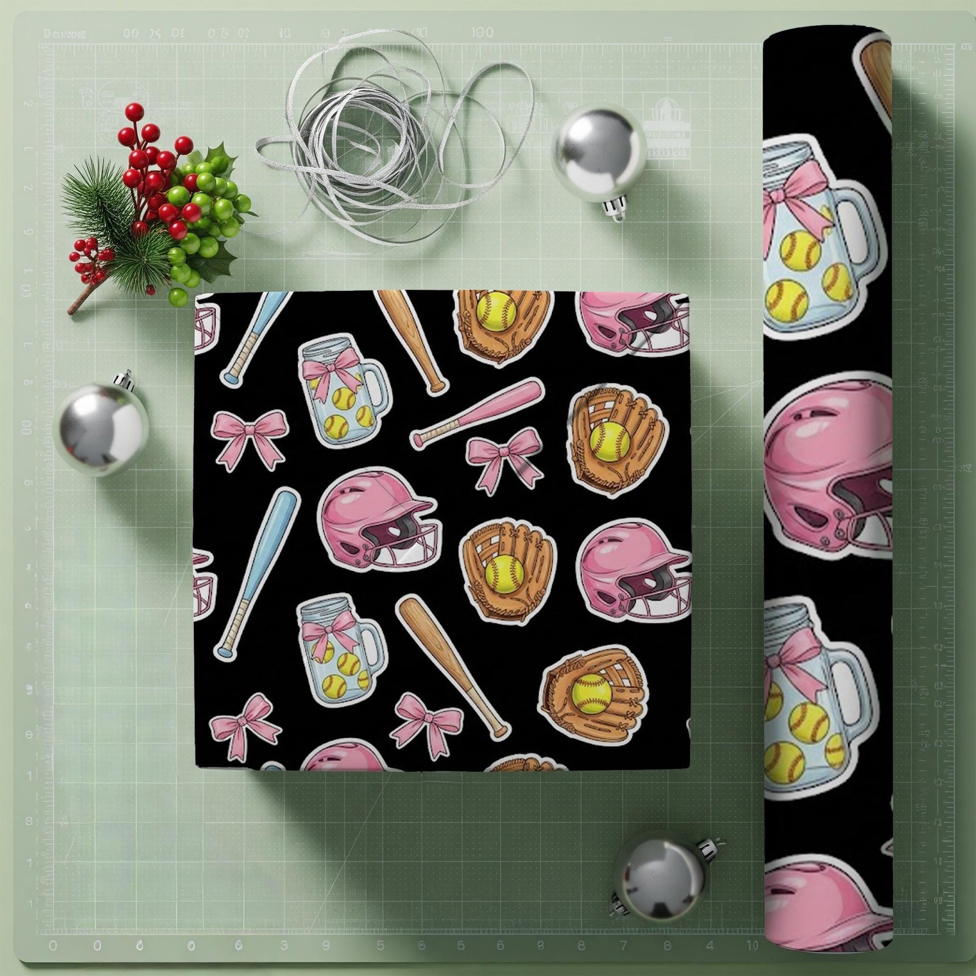 Baseball Wrapping Paper: Pink Helmets, Lemonade Jars, Black Background image 4