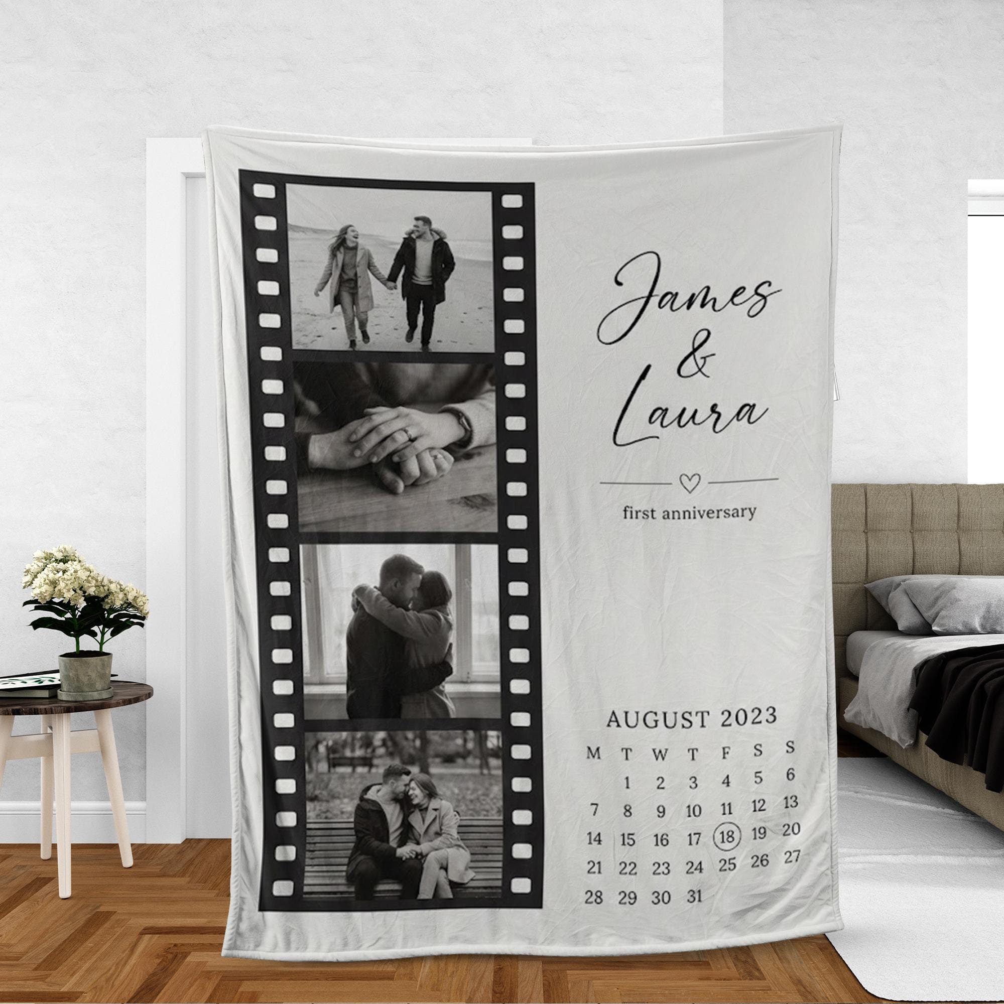 Personalized Couple Photo Blanket: Filmstrip Layout, Calendar Highlight, Black-and-White Images image 1
