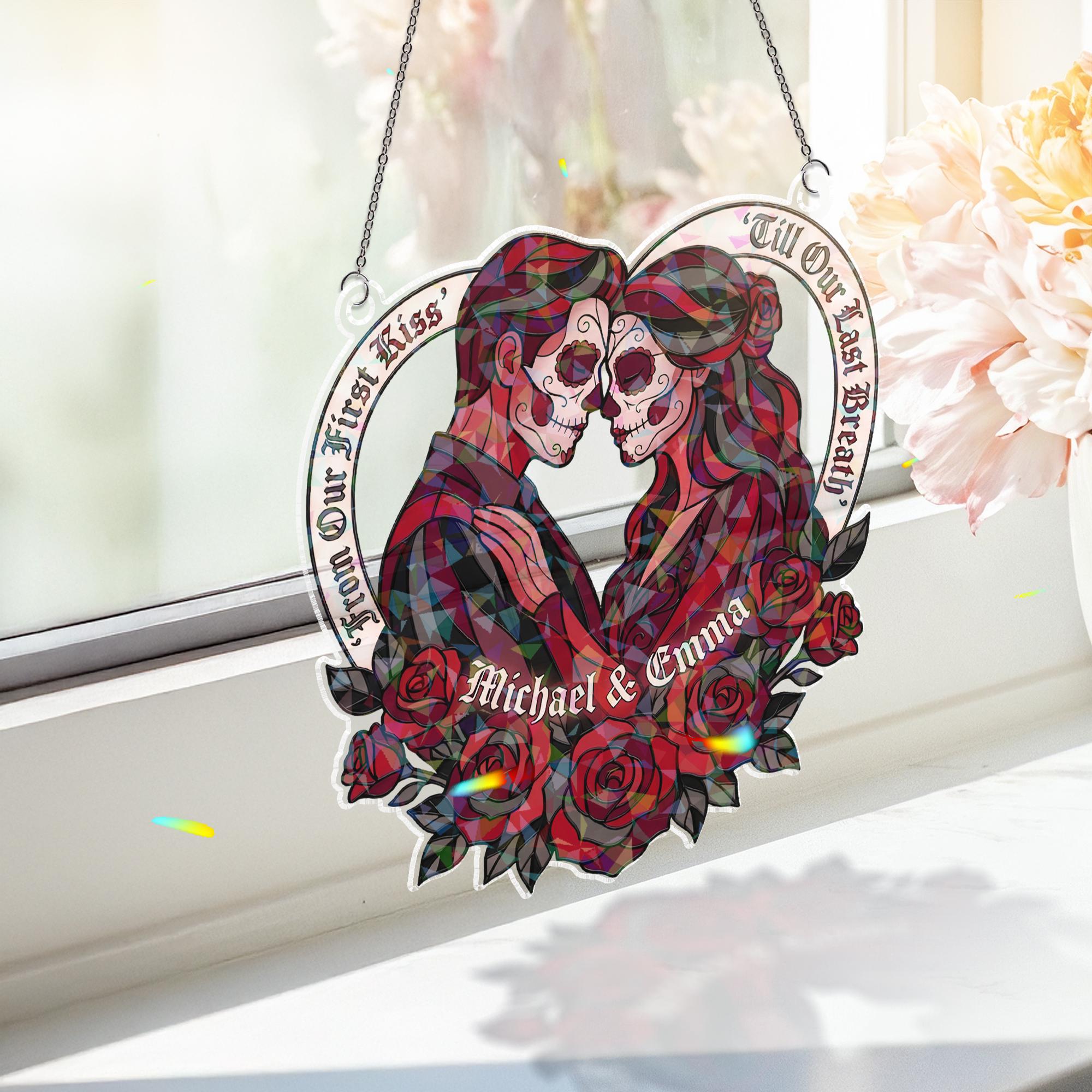 Holographic Acrylic Suncatcher: Day of the Dead Couple, Heart Frame, Red Rose Design image 2