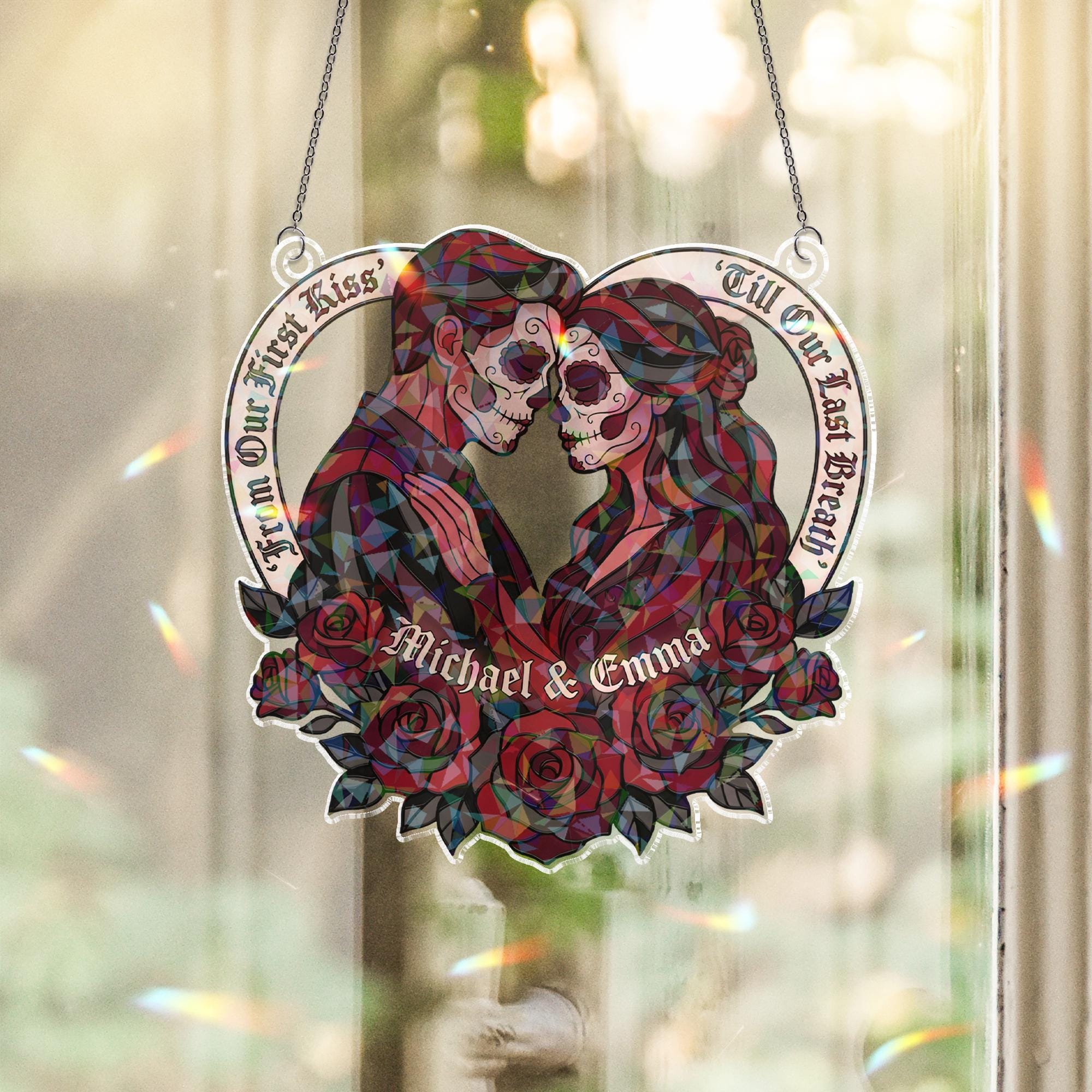 Holographic Acrylic Suncatcher: Day of the Dead Couple, Heart Frame, Red Rose Design image 1