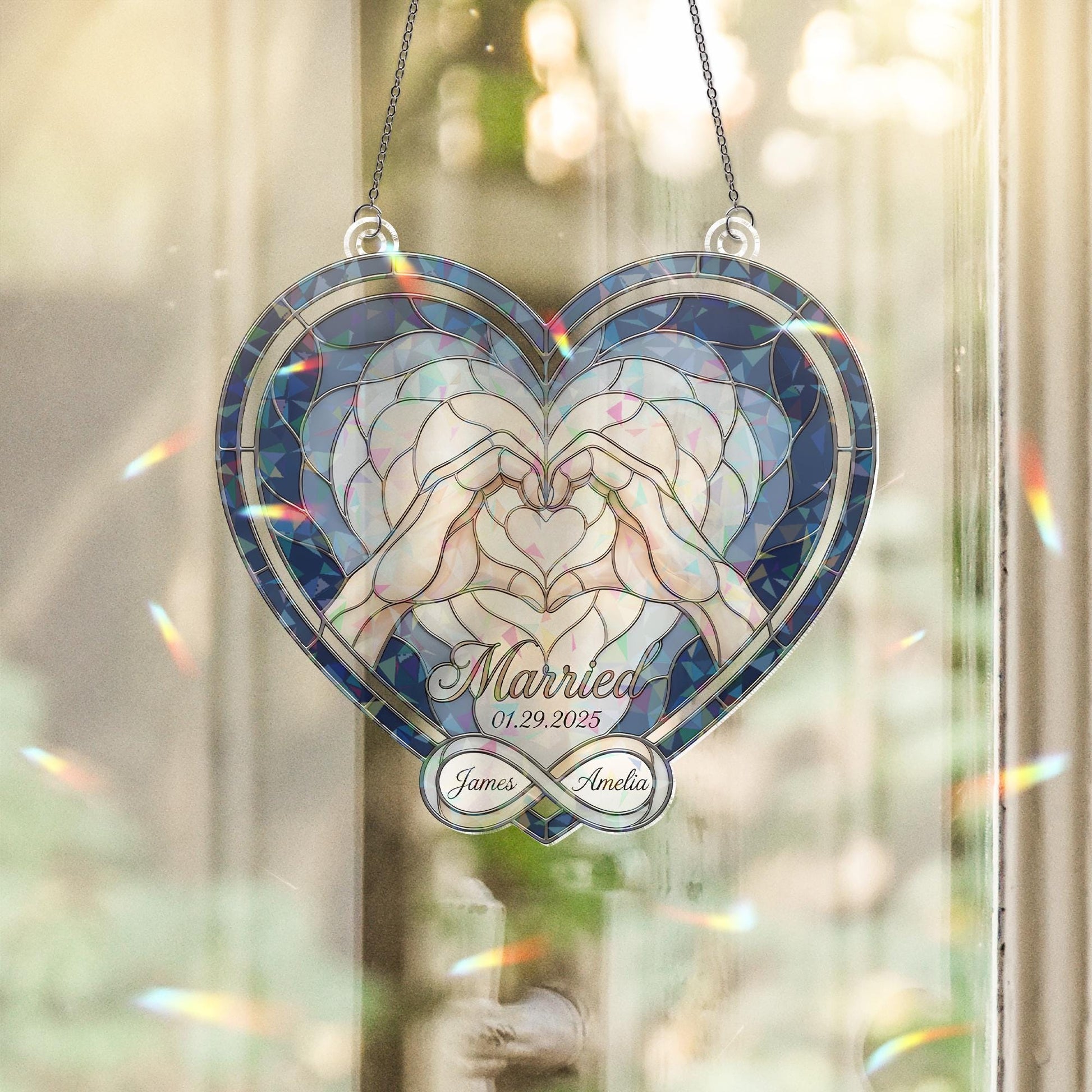 Holographic Acrylic Suncatcher: Heart Hands Design, Wedding Date, Interlocked Rings image 1