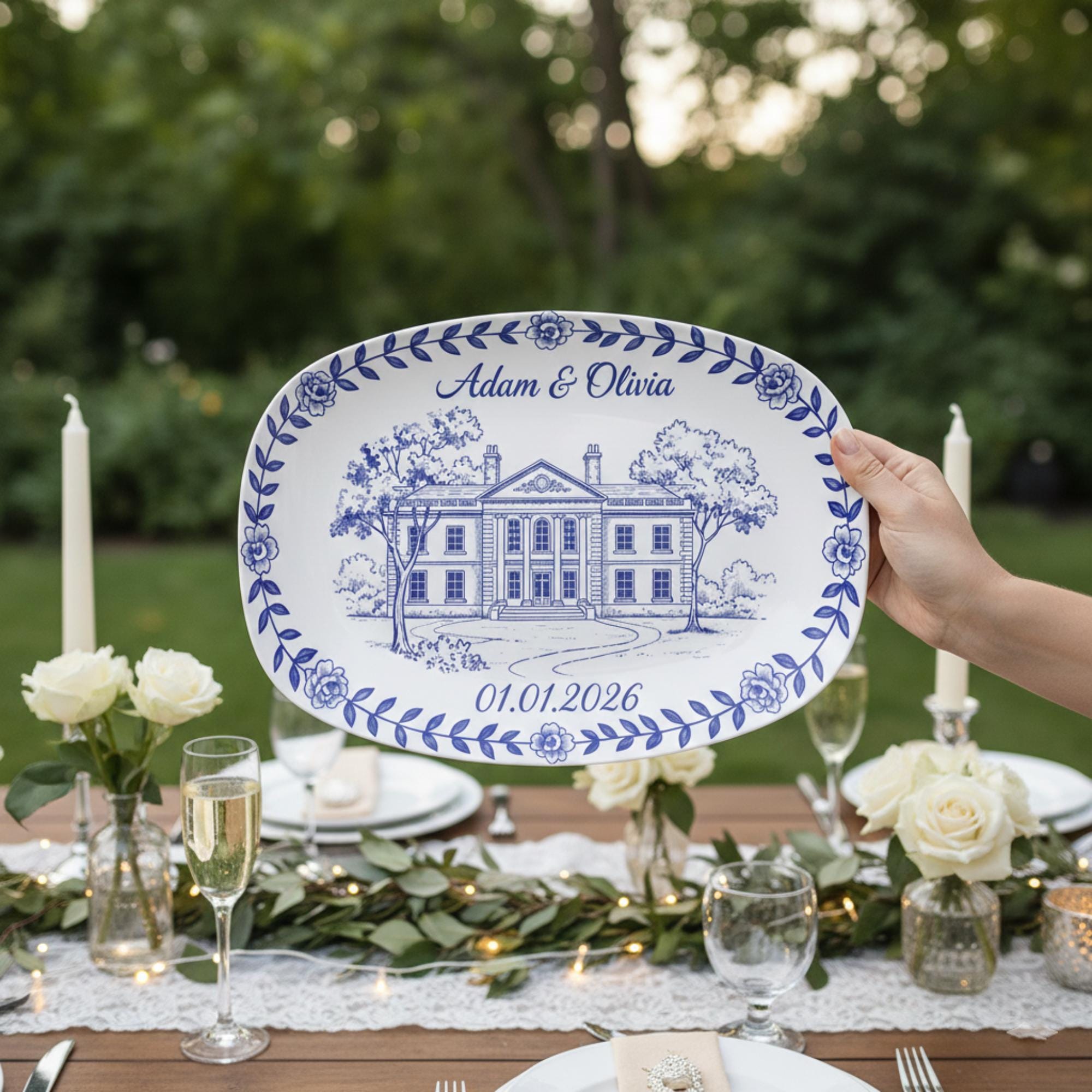 Custom Wedding Venue Platter: Blue Toile Illustrated Venue Decor image 1